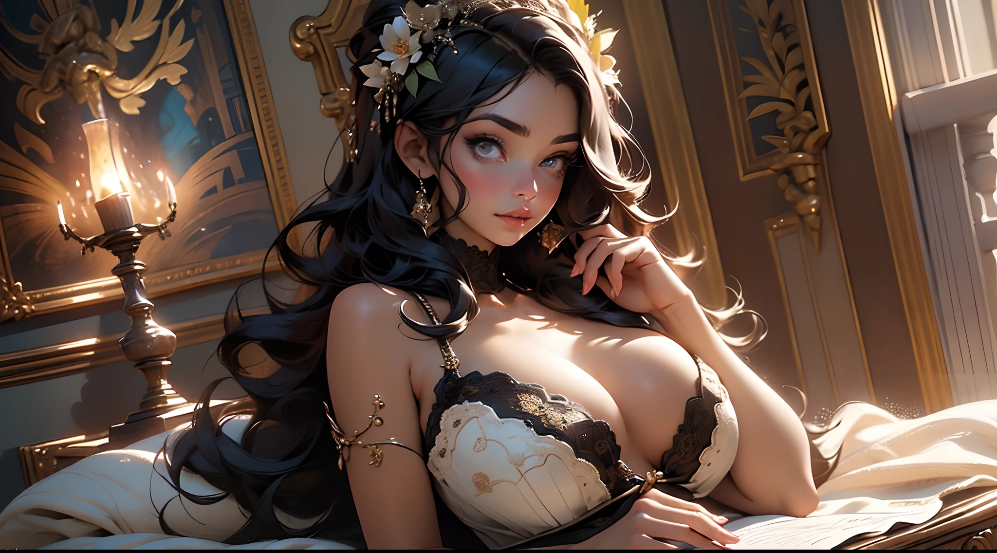 (((BLACK HAIR, [PERFECT REALISTIC EYES])))), ultra realistic 8k CG, perfect face, flawless, clean, masterpiece, professional artwork, famous art, cinematic lighting, cinematic flower, perfect face, beautiful face, beautiful eyes, (((perfect female body, narrow waist))), beautiful queen, royal, divine, goddess, (royal palace), fantasy, dreamlike, unreal, science fiction, (huge breasts), beautiful clothes, lace, lace trim,  lacy legwear, nsfw, breasts out, absurdly long hair, very long hair, (rich: 1.4), prestige, luxury, intricate detail, delicate pattern, sexy, charming, seductive, seductive, erotic, charming, looking at the viewer
