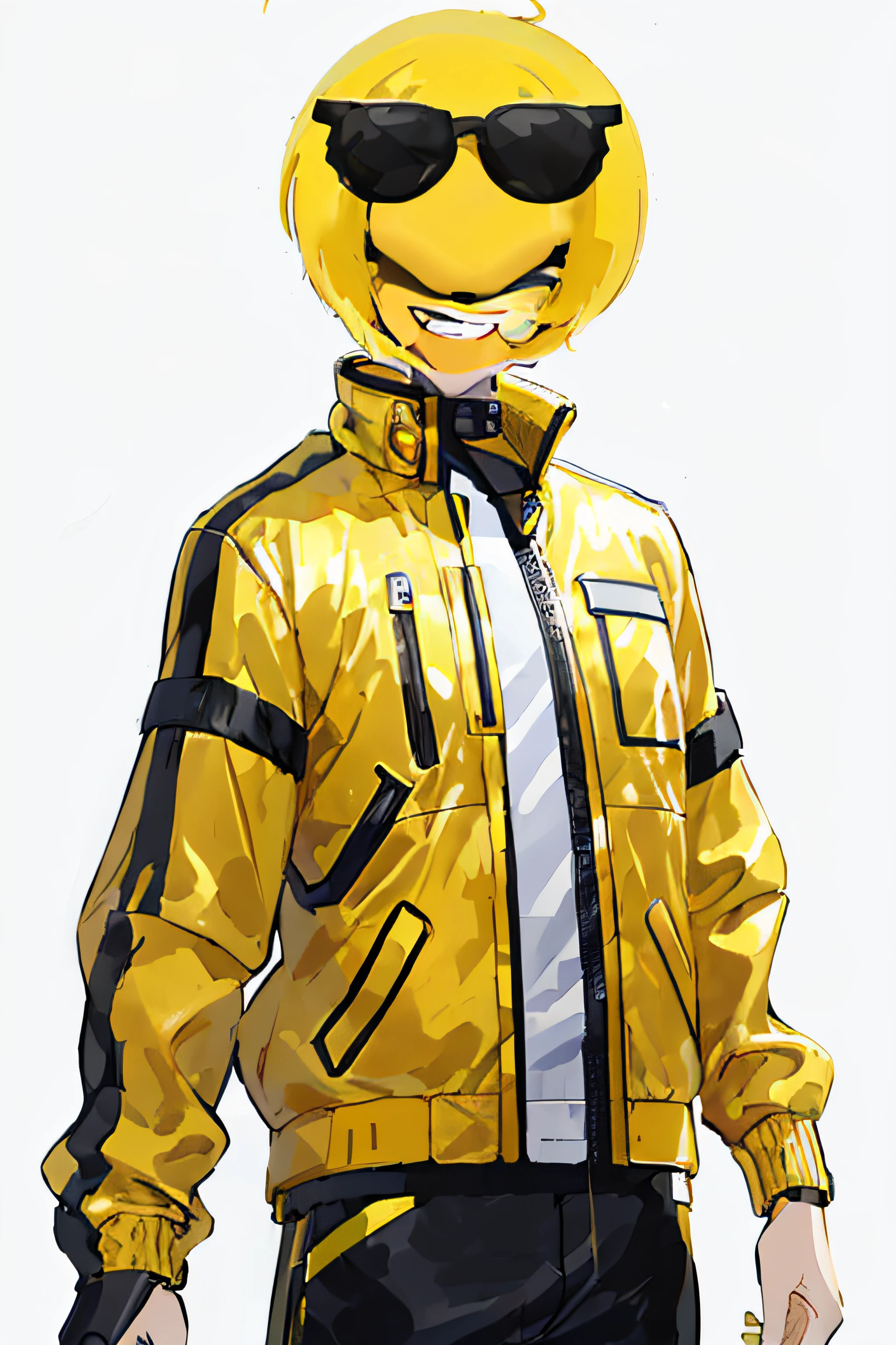 smiling man in yellow jacket and sunglasses with sunglasses on, smiley profile, high detail iconic character, smiley, wearing cyberpunk 2 0 7 7 jacket, high quality fanart, smiley face, smug smile, smile face, yellow space suit, subject is smiling, grin, smiling expression, good smile company anime style, happy face, yellow clothes, anime style character, smug grin