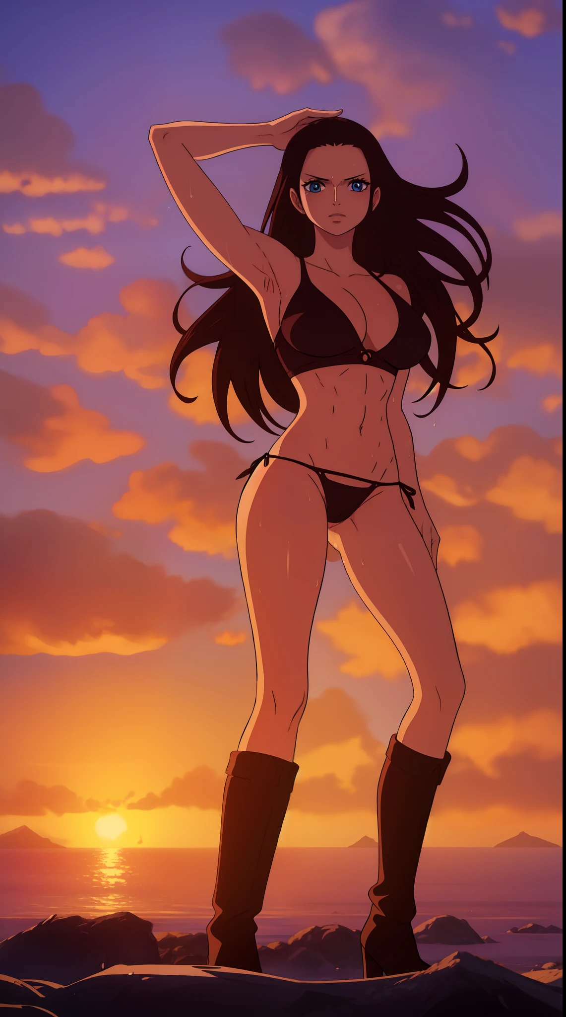 Nico Robin from one piece, black long hair, blue eyes, dark wide pupils, blushing checks, big breasts, wearing mini tight thong bikini, standing on the beach, dynamic view, dynamic pose, cinematic view, cinematic pose, sexy pose, sexy body, sunrise, evining theme, shiny skin, wet body, abs, six pack, wet, hands up, armpit,