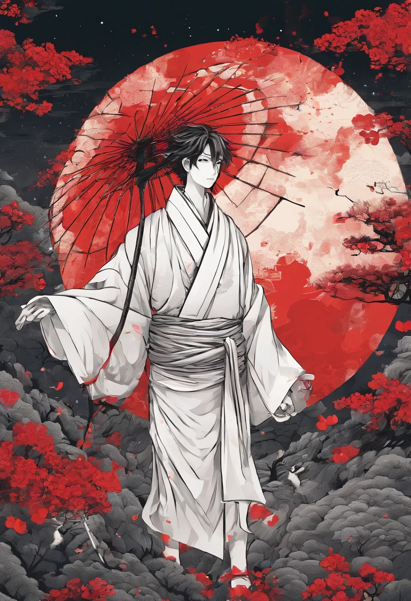 Man wearing a white haori kimono with a fox face holding a red snake-eye umbrella and a Japan sword。tons of corpses、bloody、Return blood、trees、street、Moon Night、Red Moon
、horor、battleing、Strongest