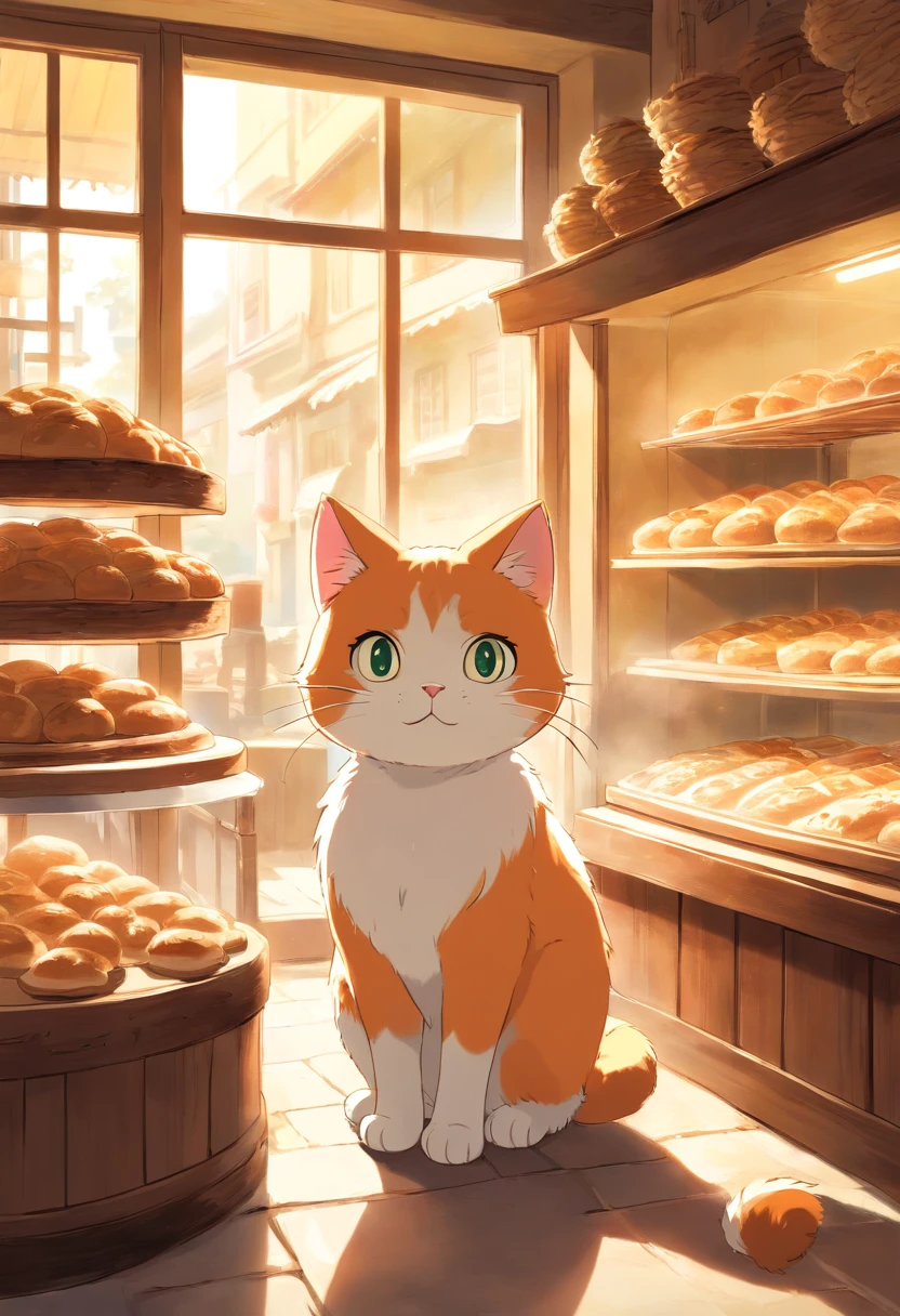 A round-eyed cute cat, At the bakery , Sunlight outside the window.