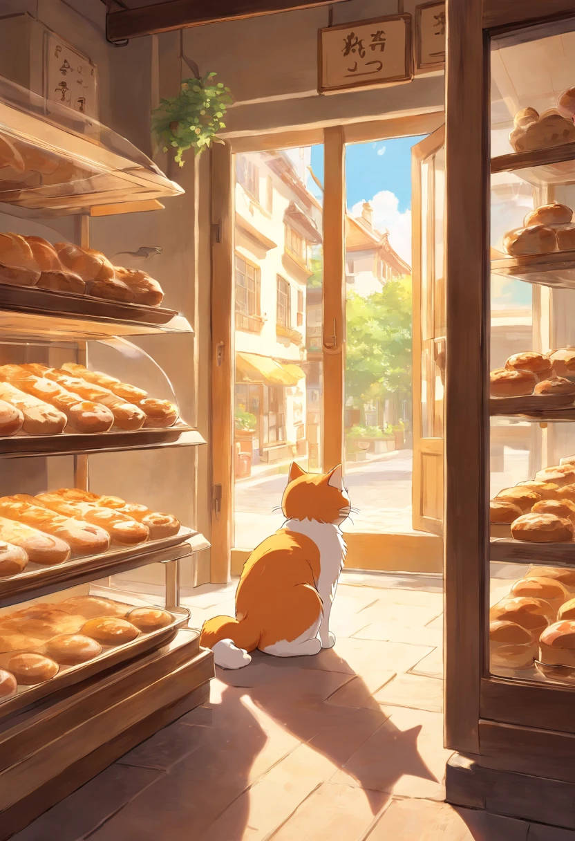A round-eyed cute cat, At the bakery , Sunlight outside the window.