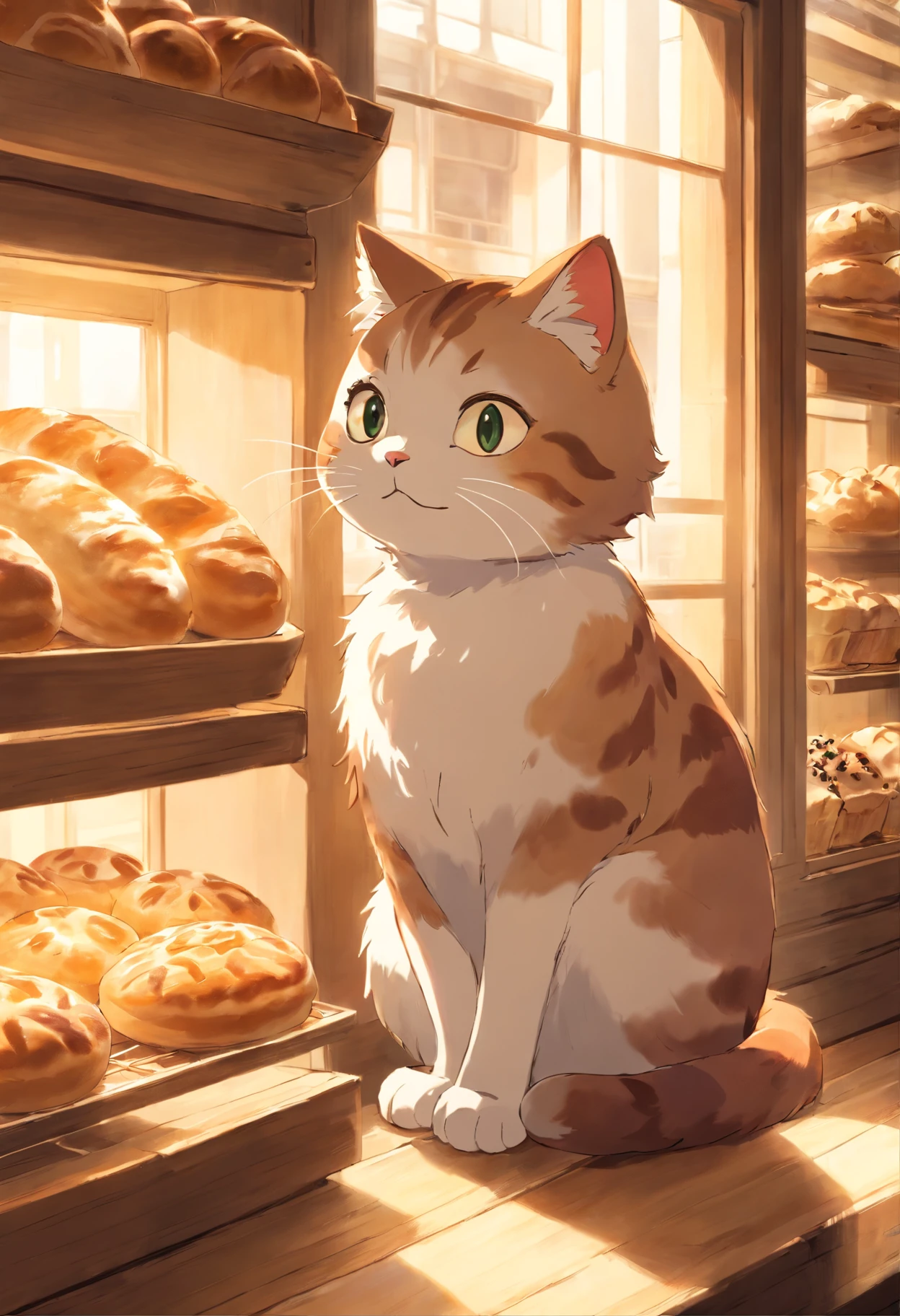 A round-eyed cute cat, At the bakery , Sunlight outside the window.