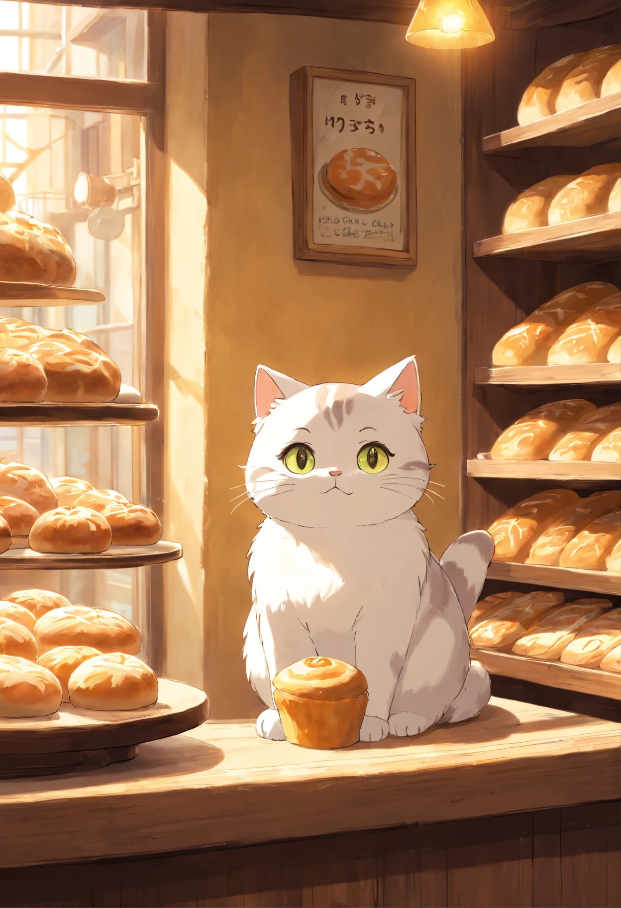 A round-eyed cute cat, At the bakery , Sunlight outside the window.