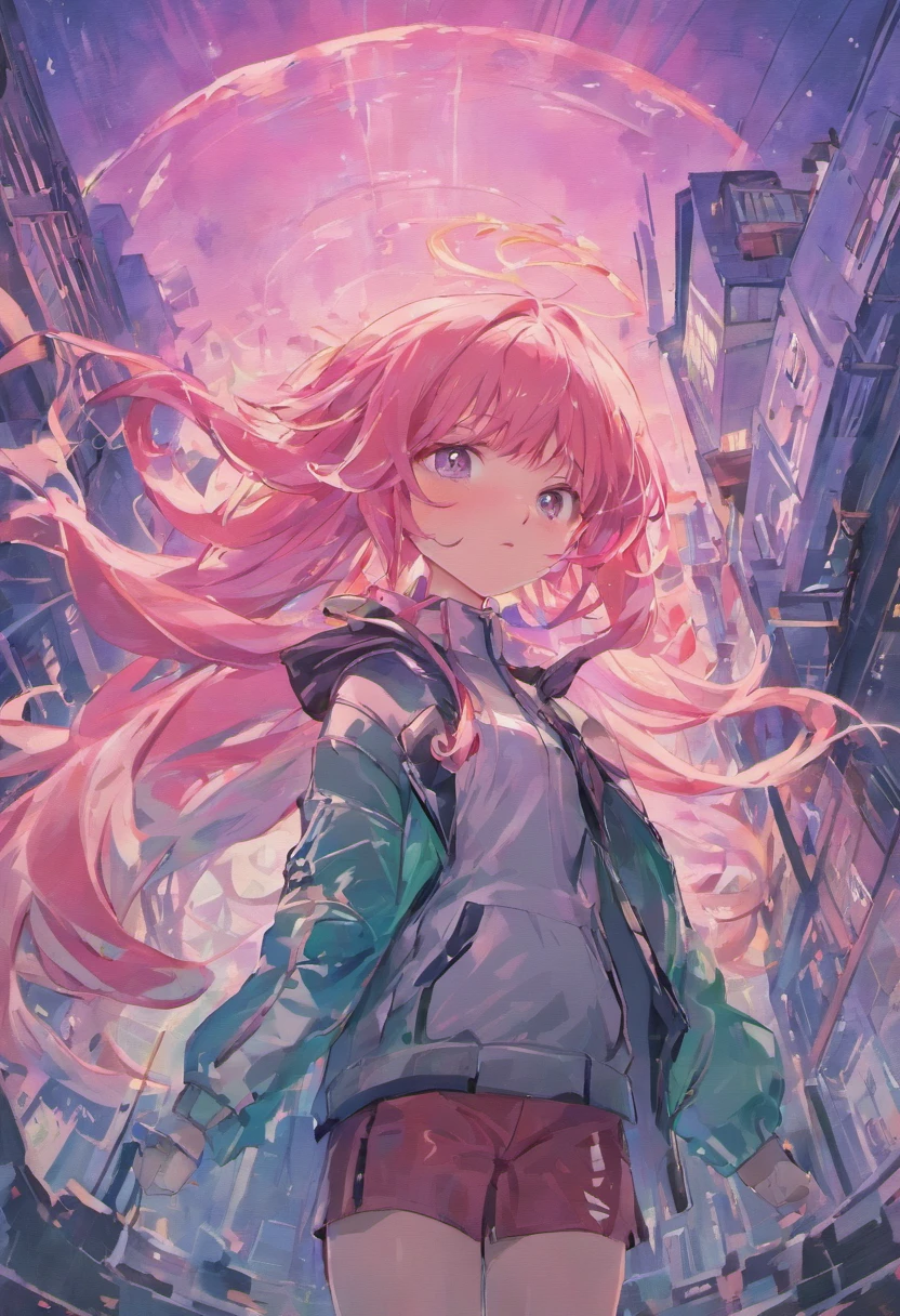 , flowing in the sea, calm, beautiful, pink gradient hair color, long hair, blue-green eyes, blue and green dotted hair tips, gray-black windbreaker, young, with the city as the background, very clear, post-apocalyptic women, super detailed and beautiful breathing. Open leather jacket, beautiful face, high-detail face, 2560X1440.Armed maidens