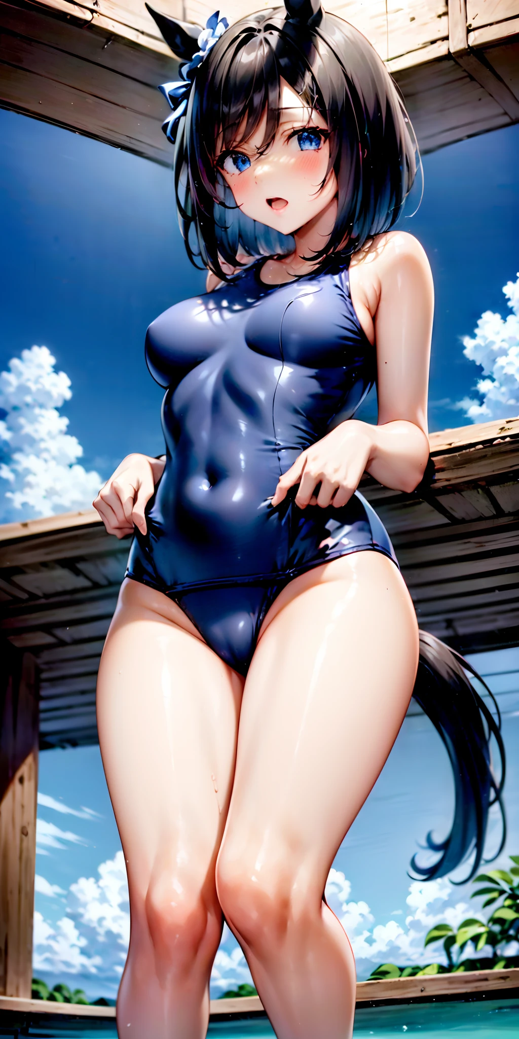 Navy one-piece swimsuit, (Black horse ears), (Horse tail), (Bob Hair), (Black shiny eyes), (artbook), (Idol), (highly detailed and beautiful), (focus on girl), (Photo taken from below), (Beautiful detailed girl), (age girl), (Cute anime face), (Slightly open mouth), (Human Hands), (Barefoot with detailed ripples), (Sunny), (Light shining in the waves), (Best Masterpiece), (Best Quality), (Ultra-detailed),no sleeves
