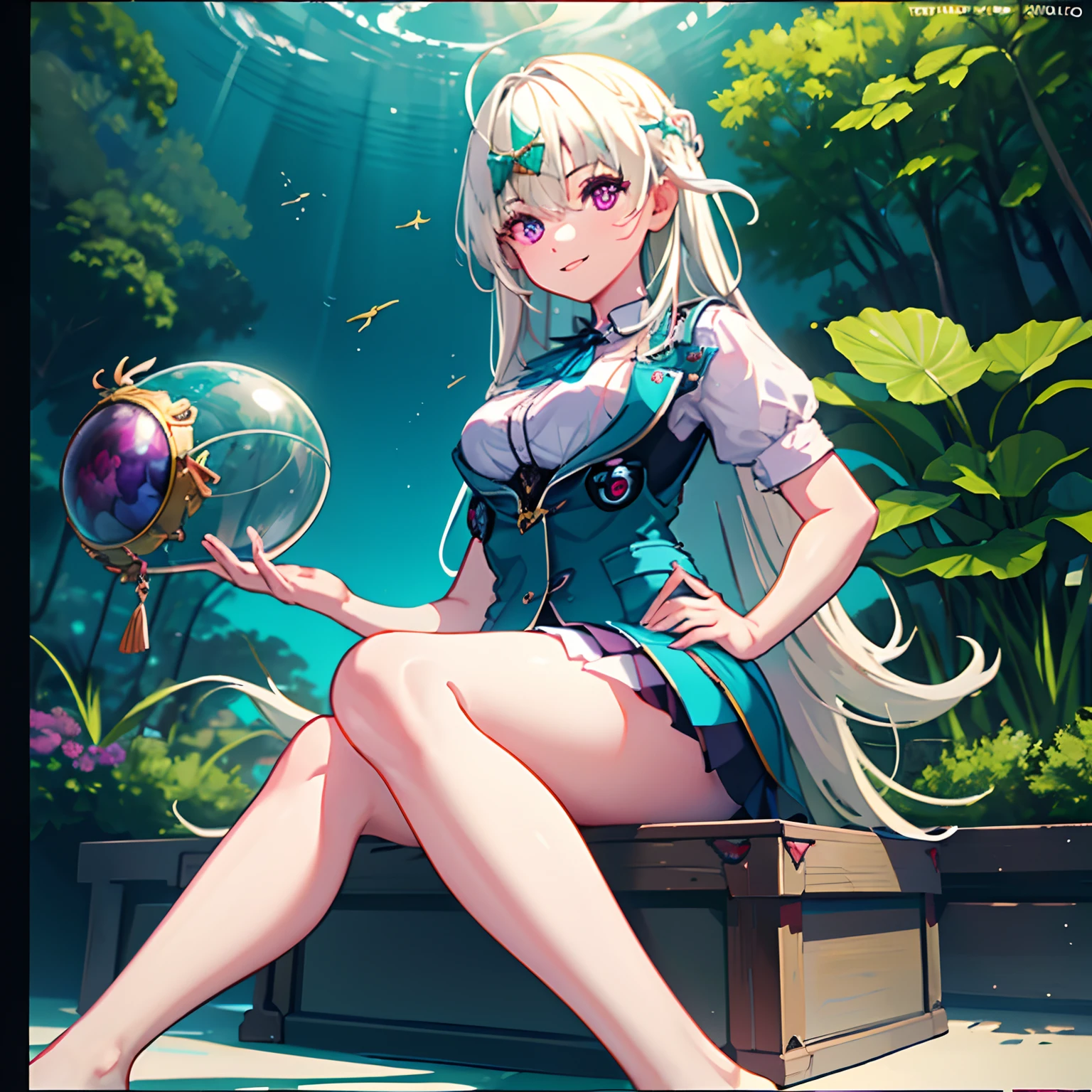 [(Transparent background:1.5)::5],(((masterpiece))),(((best quality))),(((extremely detailed))),illustration, 1girl,solo,mysterious,vivid color,shiny, underwater transparent sealed hemispherical glass dome, (white hair),(purple eyes), full body,barefoot,long hair tranquil nature, koi,Underwater, Dome,close up,Dynamic actions,Lens perspective,(((Box composition))),sit cross-legged and lean against the bookshel, volumetric lighting, multi-color eyes, detailed eyes, hyper detailed,light smile, highly detailed, beautiful, small details, ultra detailed, best quality, intricate, 4k, 8k, trending on artstation, good anatomy, beautiful lighting, award-winning,