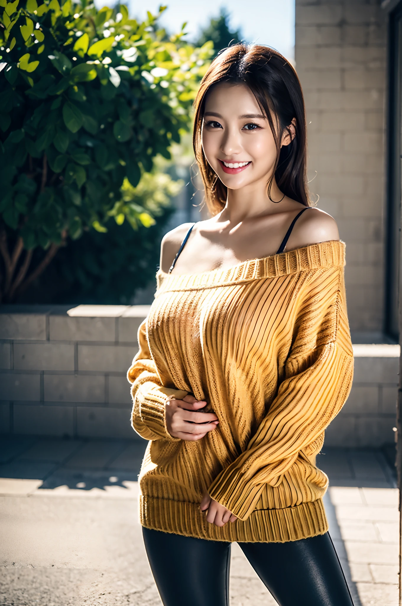 Tabletop, Highest quality, Super detailed,((Large Breasts:1.2)), alone, cute, Face and big , Happy, Blushed, View your viewers, Cowboy Shot, (From below:1.5), Spread your legs, Hair Bun, Brown Hair, Japanese, Orange Knitted Dress, In the city, cute, Lens flare, Leg spread:1.5