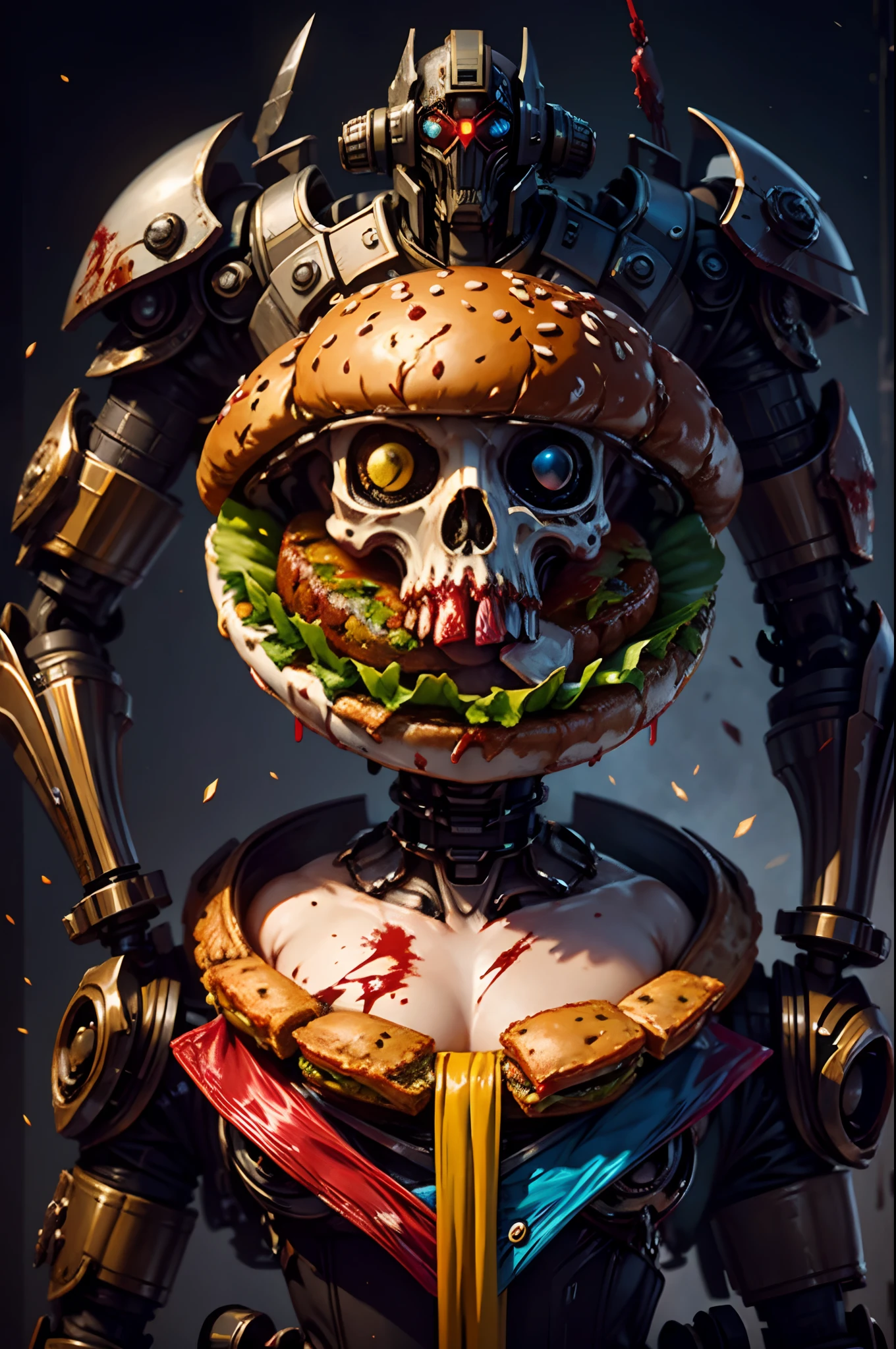 pixel sorted，Superhero anthropomorphic hamburger，(Blood Art:1.2)，Bloodstained battle flags，steampunc，Hamburger on black background，Metal polished bone painting,Various weapons surround the hamburger，Form different structures， breath-taking rendering, Magical rainbow elements,Splendid round rainbow combination，circular composition，Solo