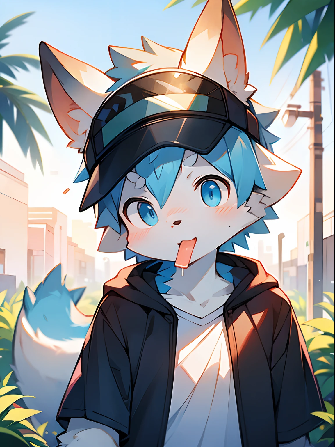 author:Jrjresq, author:Kirito, mammal, Furry, Male, Solo, wears, visor, Lick popsicles, Summer,Hazy light and shadow, Reflective skin,Outdoor sunset,((the detail)),(depth of fields),light blue hair,The left ear is blue,The right ear is purple