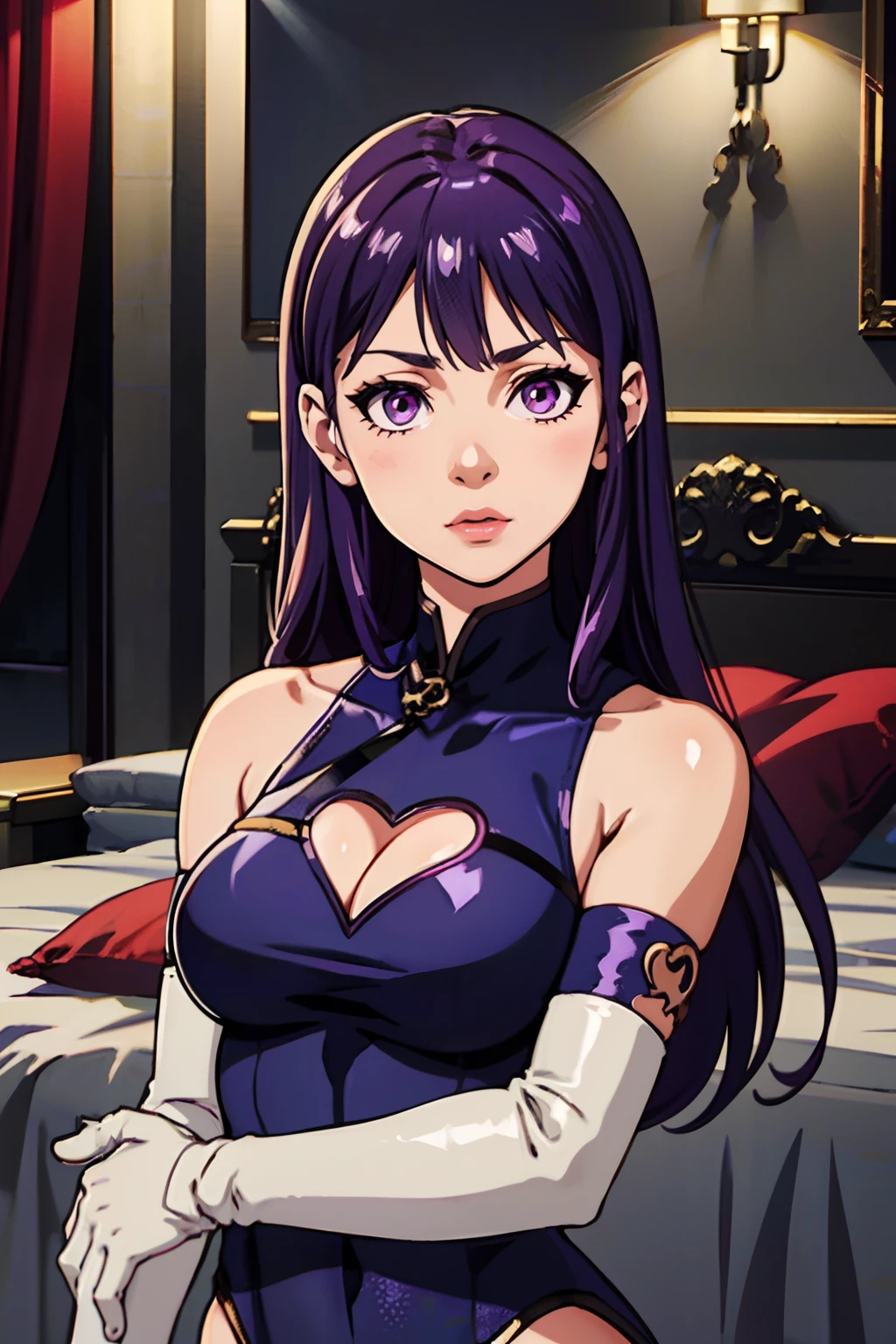 IvFE, purple hair, long hair, purple eyes, light purple china dress with heart cutout, long white elbow gloves