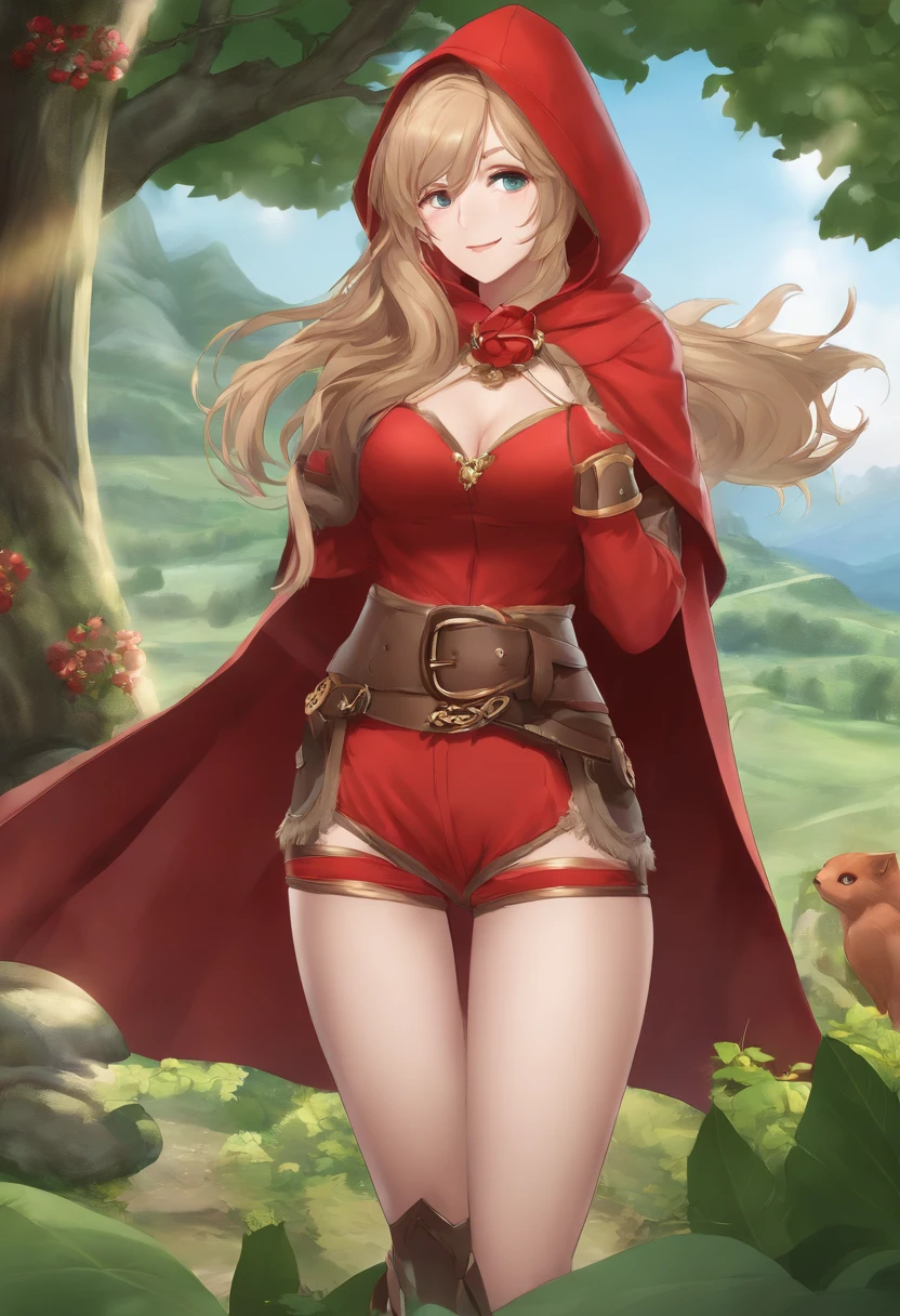 ((Beast Tamer、Wear a red cloak, Wearing a red hood, Fully round eyelids, Green Bikini, Leather shorts, Belt bag, green colored eyes, Light brown long hair、Wavy Hair, resplendent smile、Smaller chest:1.1)) , jrpg character art、(masutepiece, Best Quality, 8K、A detailed face:1.1)Idyllic farming village in the background、