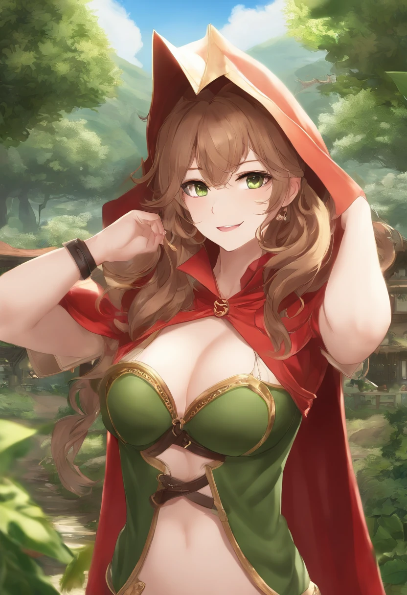 ((Beast Tamer、Wear a red cloak, Wearing a red hood, Fully round eyelids, Green Bikini, Leather shorts, Belt bag, green colored eyes, Light brown long hair、Wavy Hair, resplendent smile、Smaller chest:1.1)) , jrpg character art、(masutepiece, Best Quality, 8K、A detailed face:1.1)Idyllic farming village in the background、