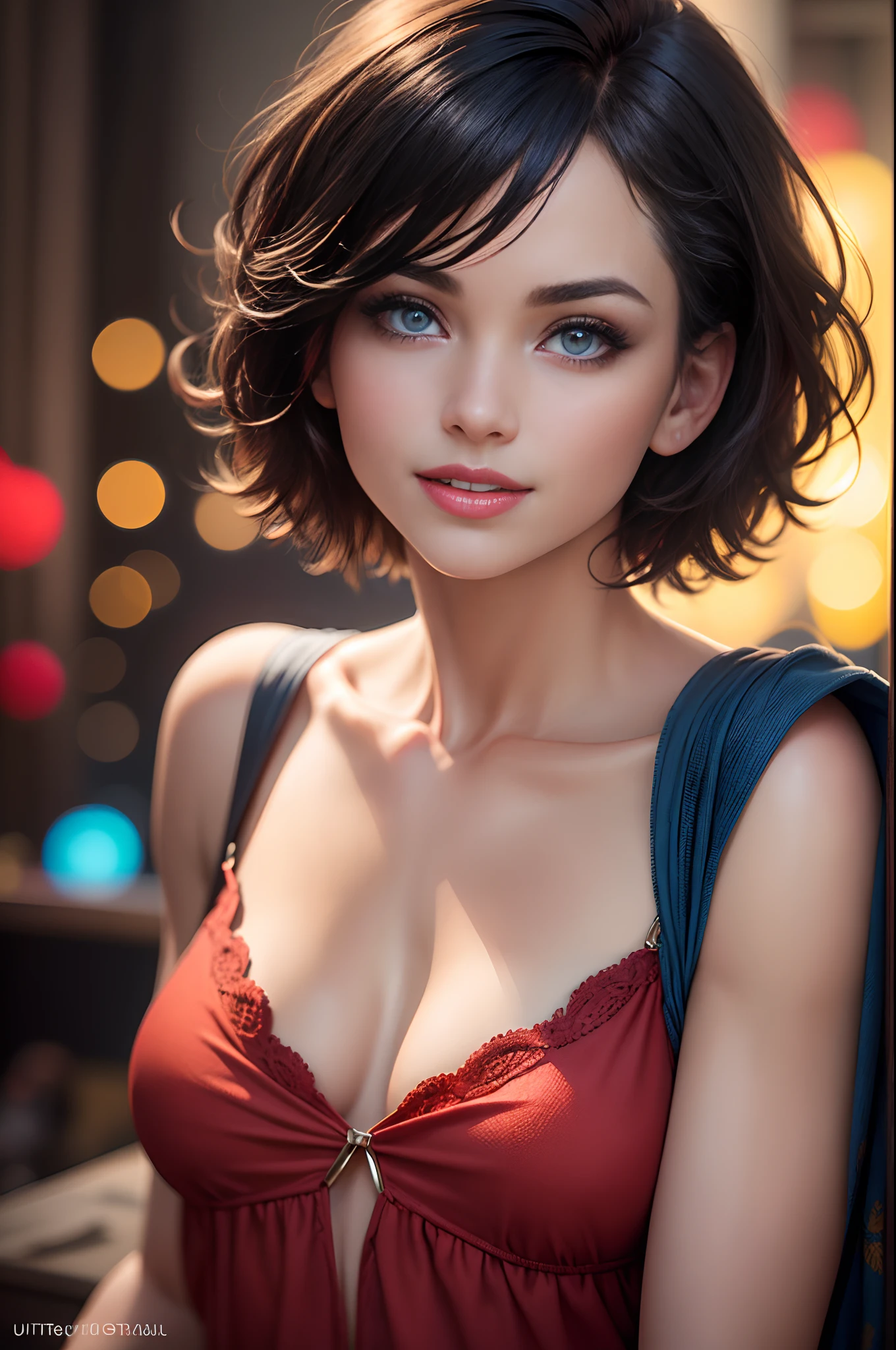 (best quality,ultra-detailed,realistic:1.37),woman dressed in a short red dress, beautiful detailed eyes, beautiful detailed lips, short black hair, happy and excited face, red shorts, holding a blue Christmas present, expressive pose, artistic lighting, portrait, contrasting colors, dynamic composition, colorful Christmas background --auto --s2