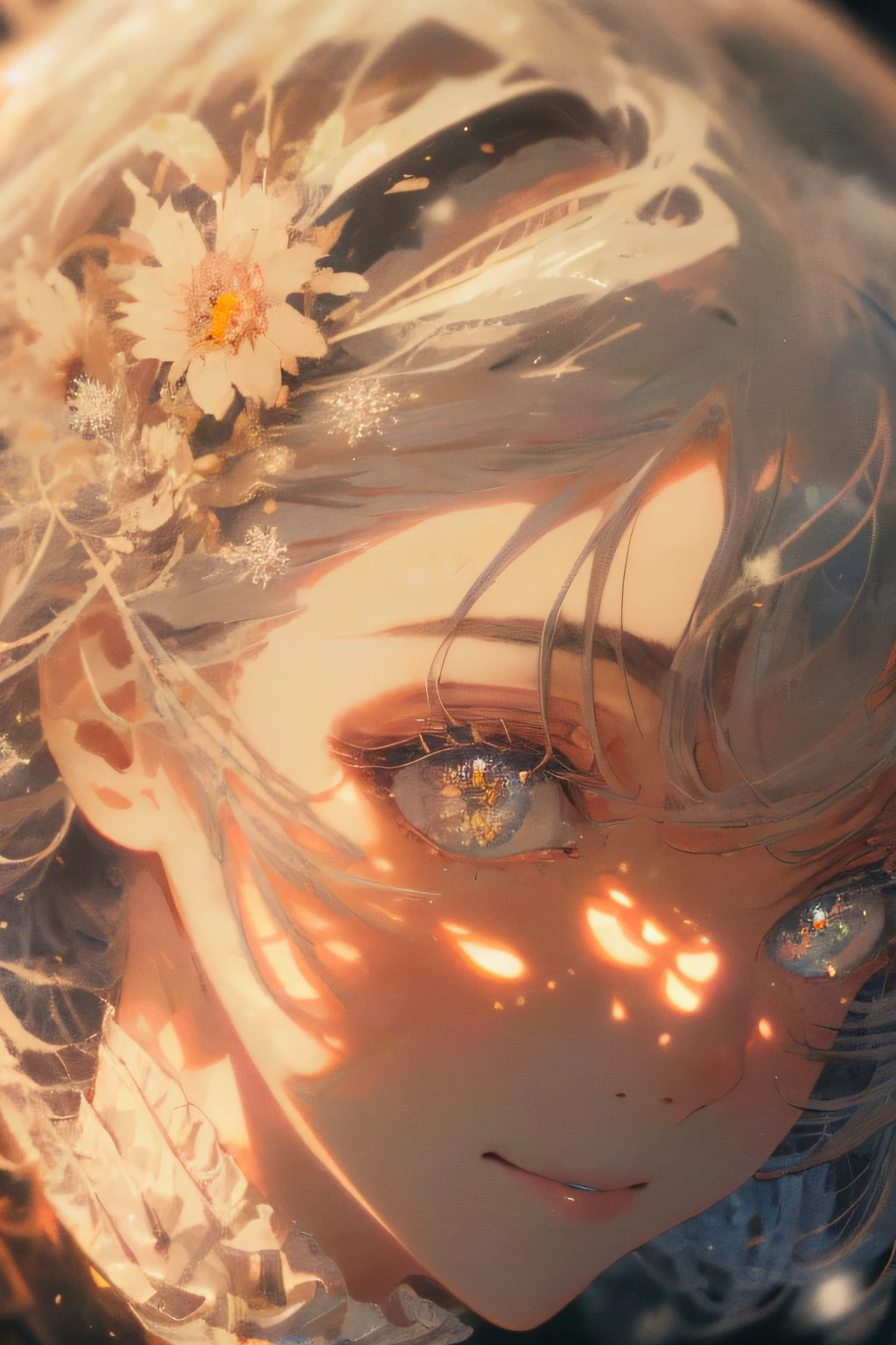 (High quality, 8K),fireplace, Warm, Dried Flower Detail Anime Art,A detailed face,A detailed eye,(Soft light),Smile, (winter), snow,
