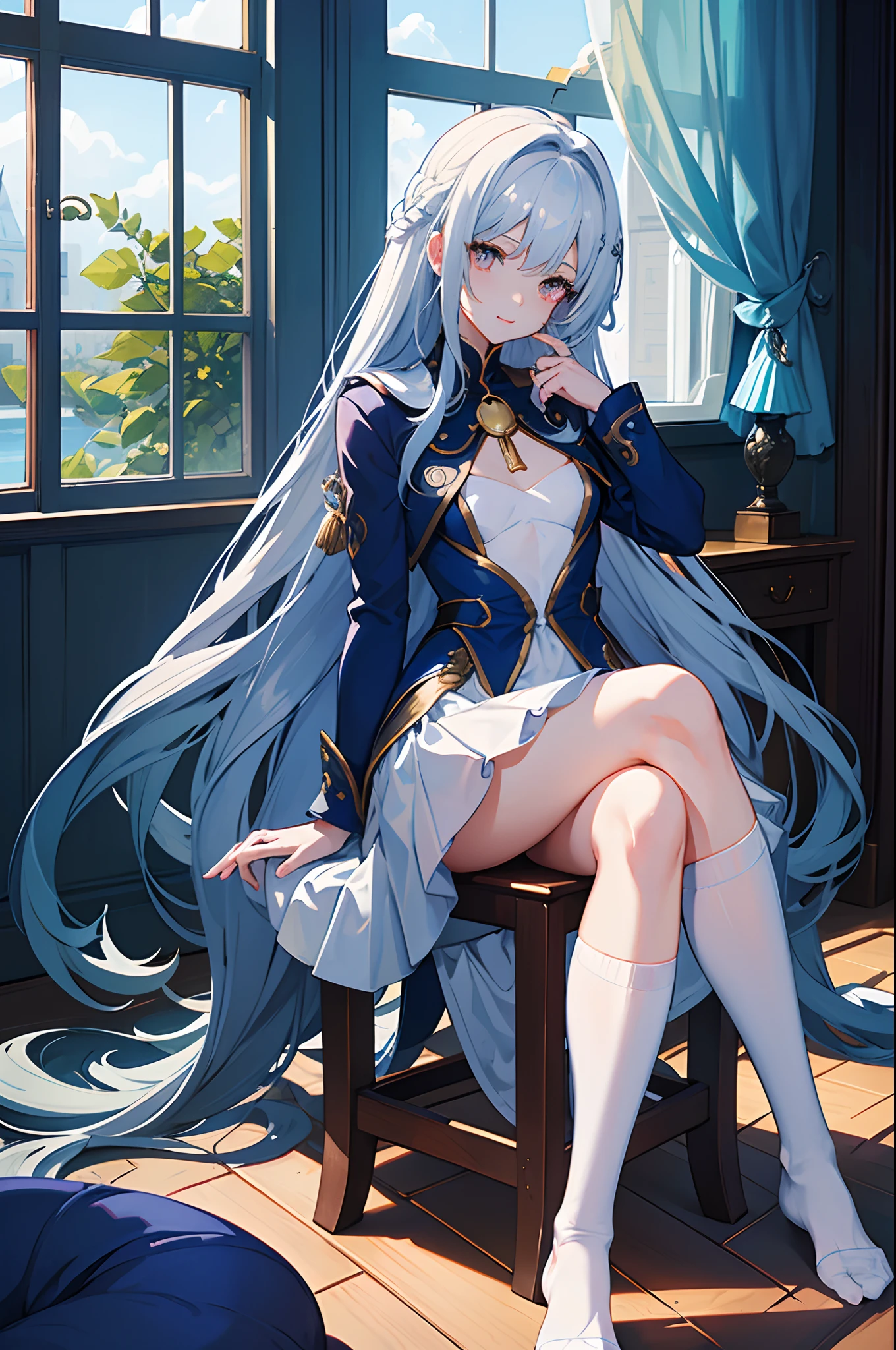 long whitr hair,blue colors,a sailor suit,White stockings,Sock rings,Moderate chest,a beauty girl,pupils,Seductive laughter,sitting  sideways,hand on leg,inside in room,eventide,