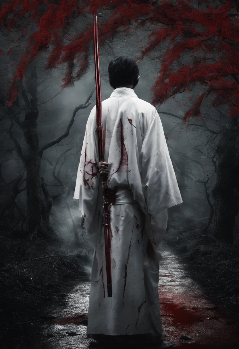 Man wearing white haori kimono holding red snake-eye umbrella and Japan sword。dead body、bloody、Return blood、trees、street、Moon Night、Red Moon 、horor、battleing、Strongest、color、amaryllis、cherry trees、dead body、dripping blood