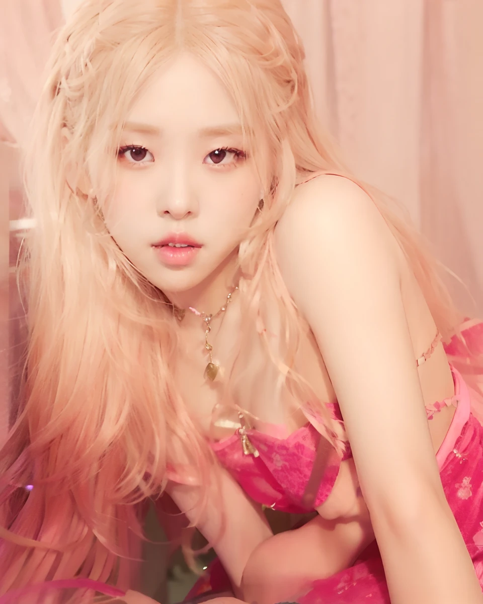 blond woman in a pink dress posing for a picture, roseanne park of blackpink, jia, jossi of blackpink, sha xi, portrait of jossi of blackpink, jisoo from blackpink, jisoo of blackpink, portrait jisoo blackpink, ji-min, aesthetic!!!!!! female genie, jinyoung shin, fujicolor sample, lalisa manoban of blackpink, blackpink, pink