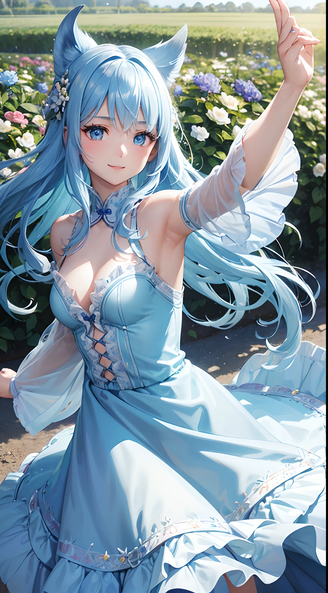 Best Quality, tmasterpiece, Cute girl at 18 years old, long light blue shiny hair, Detailed blue eyes, flower  field,Dynamism,dance, Super smile, Wearing a floral long-sleeved ruffled blouse,No exposed skin,Show your upper body,Kamimei, Shining sunlight,Blurred angle in the foreground,a scene from a movie