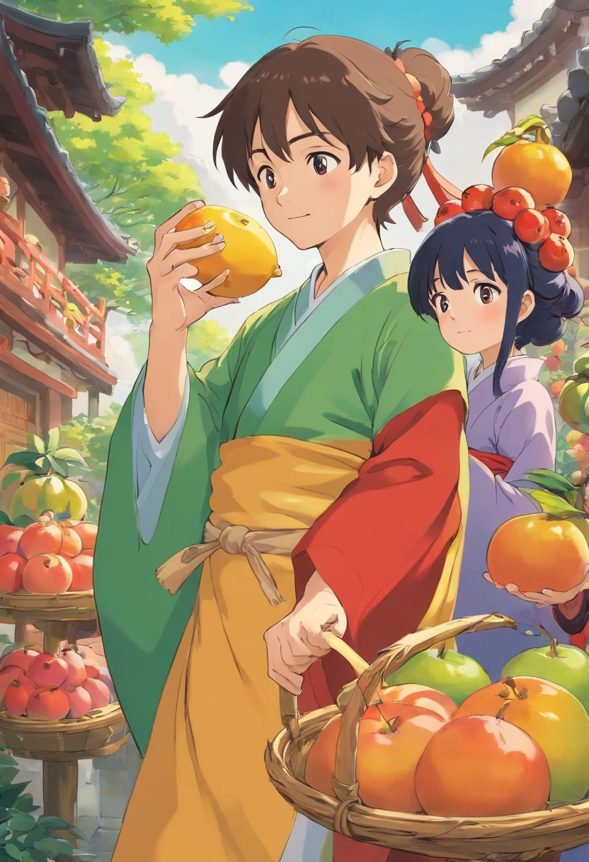 Men and women wear Zhuang costumes(Men and women stand together,A man holds fruit in his hand,Bend over,As if to feed who to eat fruit)