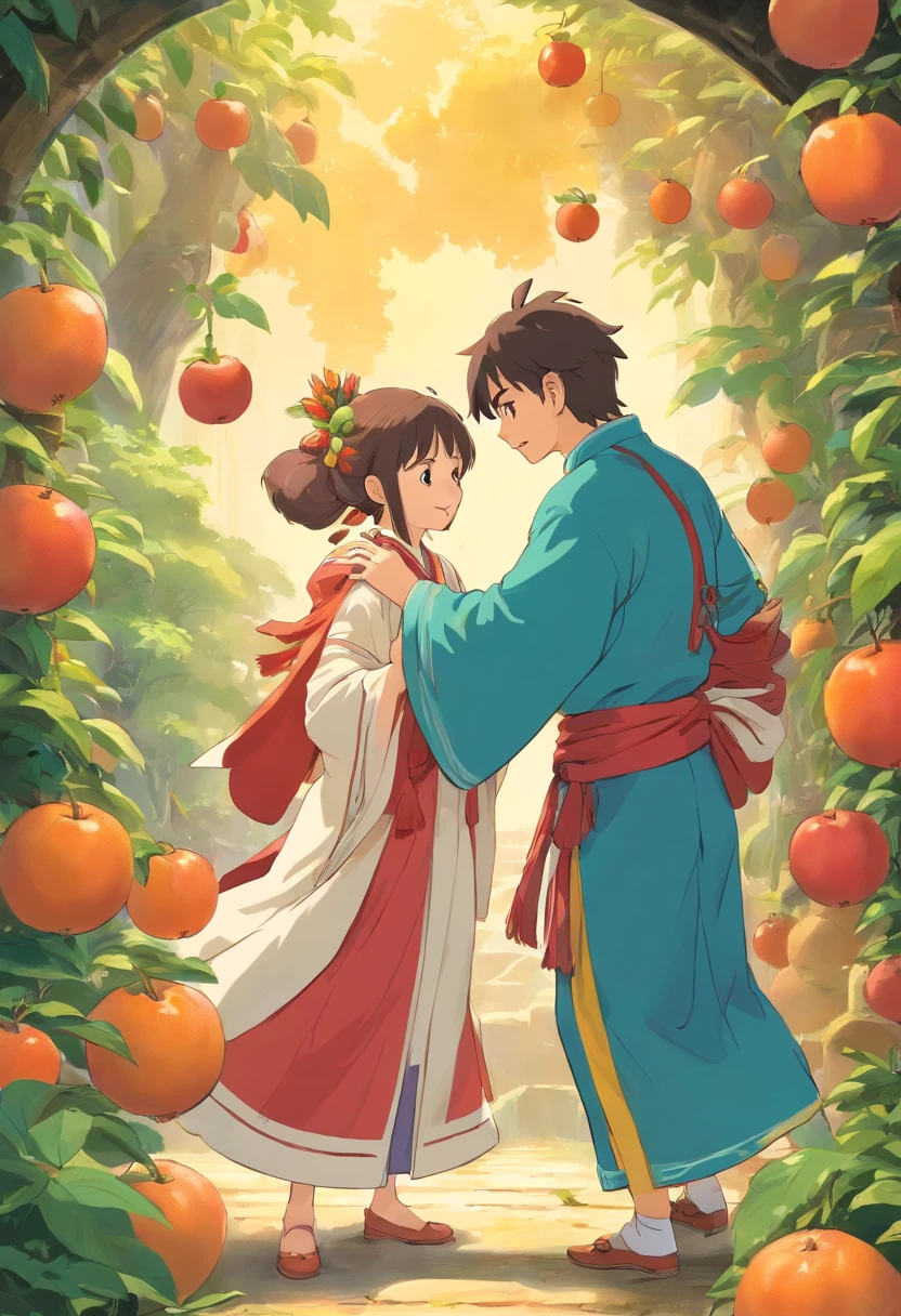 Men and women wear Zhuang costumes(Men and women stand together,A man holds fruit in his hand,Bend over,As if to feed who to eat fruit)