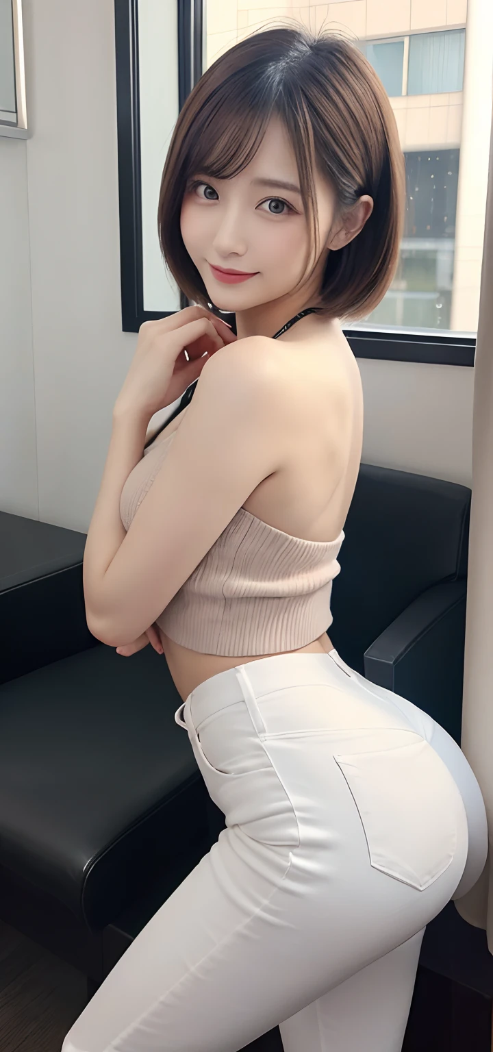 masutepiece, Best Quality, Ultra-detailed, finely detail, hight resolution, 8K Wallpaper, Perfect dynamic composition, Beautiful detailed eyes, Office Lady Suit,poneyTail、Shorthair,middlebreasts,Natural Color Lip, Bold sexy poses,Smile,Shinjuku、20 years girl、Cute、Sexy shot looking at camera、Tempting、Off-shoulder knitwear、skinny pants、Beautiful butt、big breasts thin waist、Smaller buttocks、Small butt、Seduction Pose、Slender big、beauty legs、