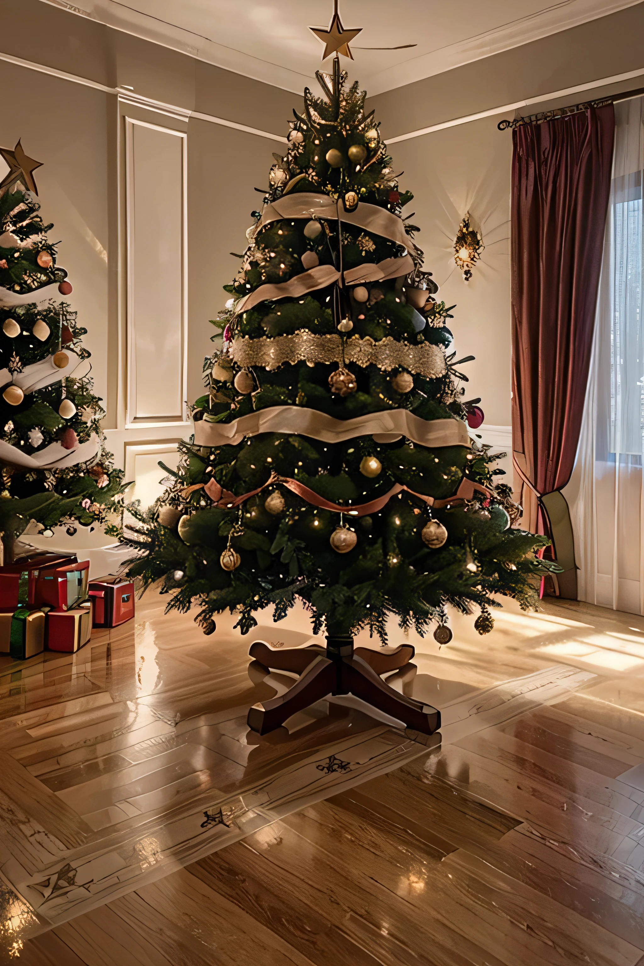Christmas tree, foto realista, enfeite de cores variadas, luzes brilhantes com presentes variados e cores vibrantes, sala de casa, Vida elegante, decorated and with a shining star in the cinematic, fotografia profissional, studio illumination, studio background, advertising photography, detalhes intrincados, hiper-detalhado, ultra realista, 8K UHD,