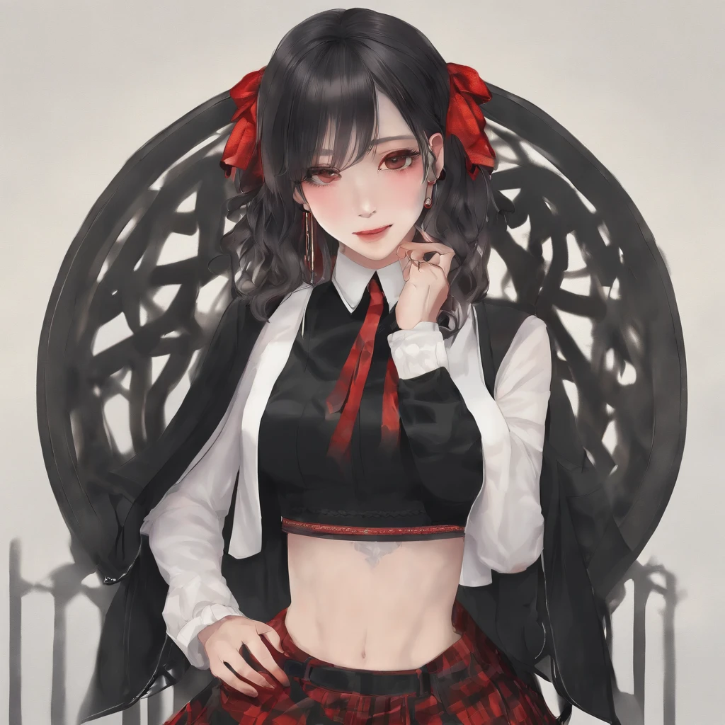 (masterpiece, best quality, ultra-detailed, best shadow), (detailed background,dark fantasy), (beautiful detailed face), high contrast, (best illumination, an extremely delicate and beautiful), ((cinematic light)), colorful, hyper detail, dramatic light, intricate details, (1 girl, solo,bla (masterpiece, best quality, 1girl, solo, intricate details, chromatic aberration), (realistic),(skin),1girl shizuku high ponytail, ((medium breath)),(black hair,blunt bangs),detailed hair, red head ornament, blue highlights, hair over one eye,red eyes, sharp eyes, choker,((black crop top cleavage cutout )),jeans,(symmetry eyes),(perfect symmetrical body), night,(((natural light))),backlighting,against grey wall, dim lighting ,standing,(look at viewer),((centered shot, from front,(face and waist))), cat ears,Schoolgirl Blazer、High school girl uniform、Red checked skirt、JK style、jaket、to stand、A slight smil、garterbelts、knee high socks、panthyhose、Beautifying the world、Unhappy、Transcendent beauty、Beautiful shape、wretched、ghosts、wraiths、Evil Spirit、Beautiful、boredom、Unusual beauty、Bewitching、Fornication、Hard Dark Gothic Makeup、twin-tail hair、Black Dark Eyeshadow、slaves、crying how bright、mourn、Sad songs、Good skin luster、Long hair straight hair、Dark Gothic Makeup、Dark smile、Expressions of sexual arousal、Fragrant beauty、age19、seductiv、 Strong sexual pleasure facial expressions、A look of shame、masturbation、Obscene look、Stained glass background、masutepiece、Best Quality、Ultra-detailed、Refers to 5 books、Sweat glitters on my chest、Glitter of sweat on your face、Glitter of sweat on your thighs、Put your hand deep in your crotch、Rubbing the crotch、Panting look、Expression of sexual pleasure in anguish、Sweating profusely、Drunken face、Nasty Woman、Transcendent Bewitching Pose、Nasty poses、Open your legs a little、cross one's legs、black frilly panties、Breast size is normal size、The shape of the chest is in the form of a bowl、Glamour、thighs rather thick、Tamaki Mukaisaka、Dark pink hair、Smile、Height 158 cm、