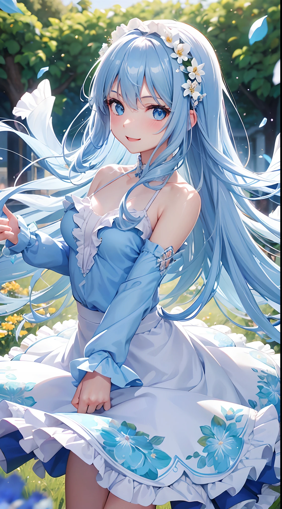 Best Quality, tmasterpiece, Cute girl at 18 years old, long light blue shiny hair, Detailed blue eyes, flower field,Dynamism,dance, Super smile, Wearing a floral long-sleeved ruffled blouse,No exposed skin,Show your upper body,Kamimei, Shining sunlight,Blurred angle in the foreground,a scene from a movie