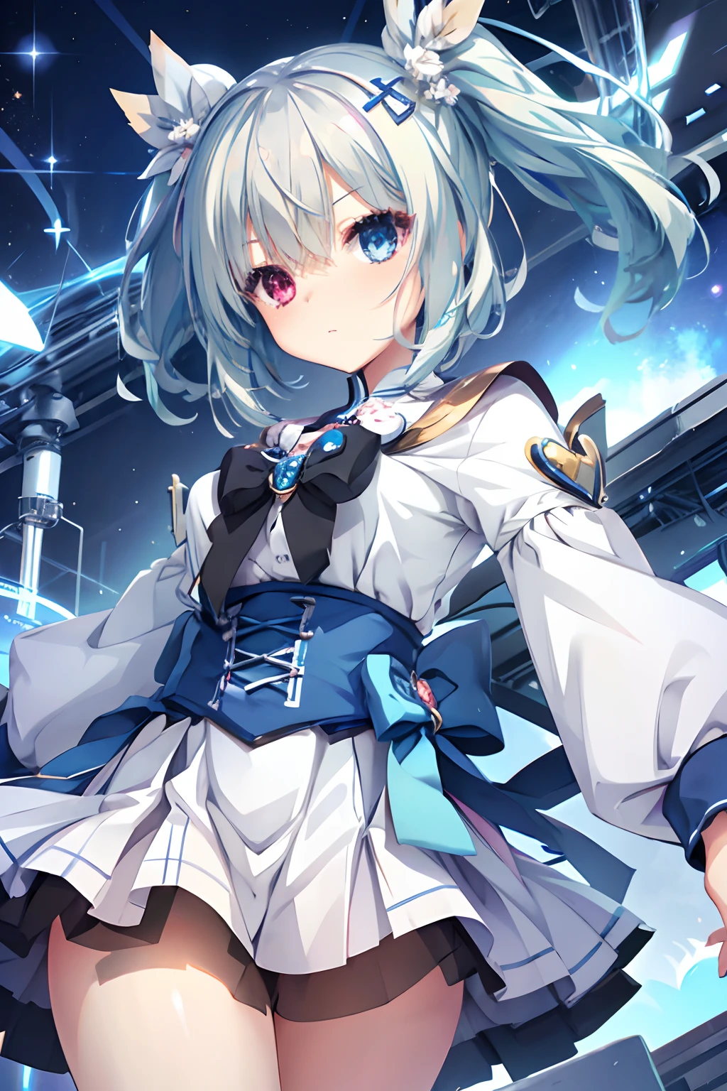 One girl,Blue-haired,Twin-tailed,Heterochromia,magical girl costume,Top image quality,Best Quality