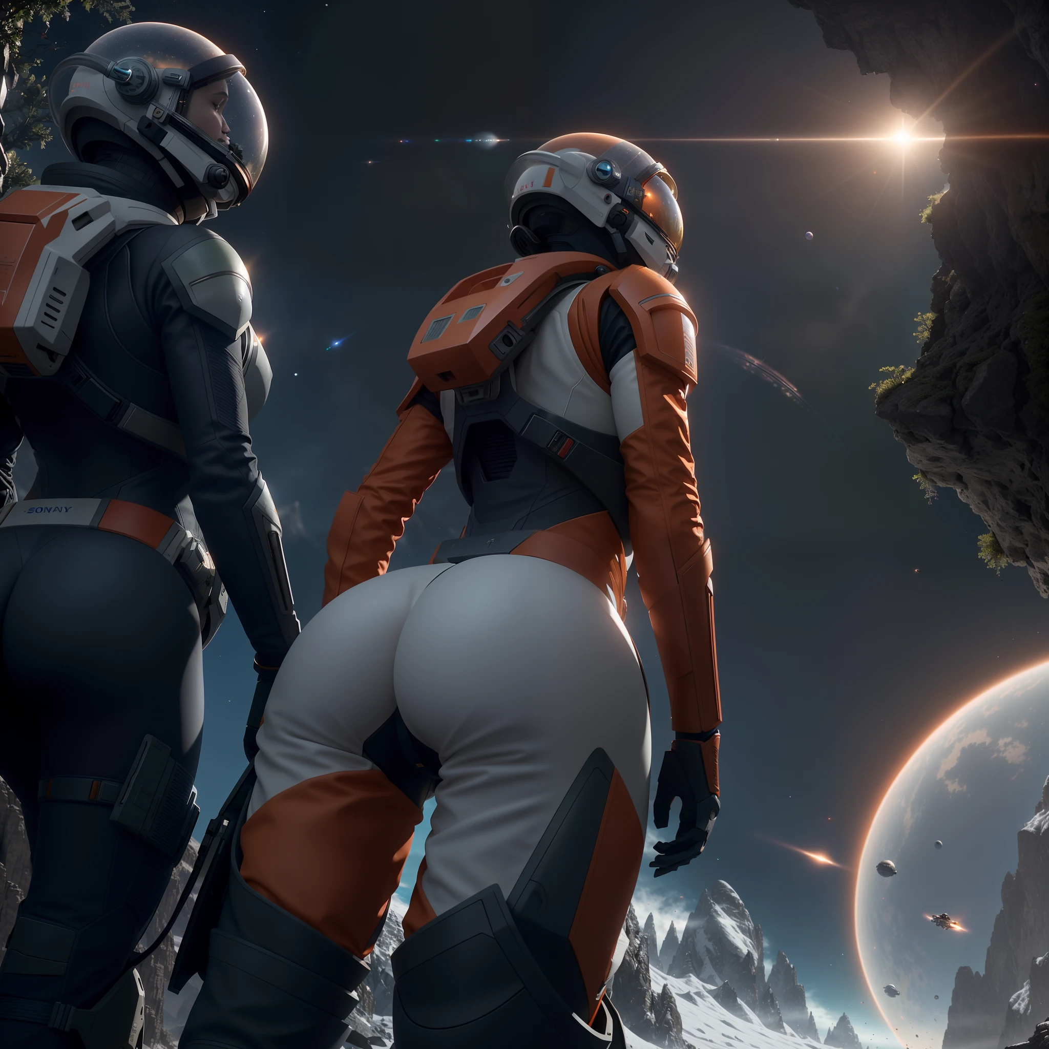 rear angle, Highly detailed RAW color Photo, Rear Angle, Full Body, of (female space soldier, wearing orange and white space suit, helmet, tined face shield, rebreather, accentuated booty), outdoors, (looking up at advanced alien structure, on alien planet), toned body, big butt, (sci-fi), (mountains:1.1), (lush green vegetation), (two moons in sky:0.8), (highly detailed, hyperdetailed, intricate), ((DAY TIME)), (lens flare:0.7), (bloom:0.7), particle effects, raytracing, cinematic lighting, shallow depth of field, photographed on a Sony a9 II, 50mm wide angle lens, sharp focus, cinematic film still from Gravity 2013, from behind