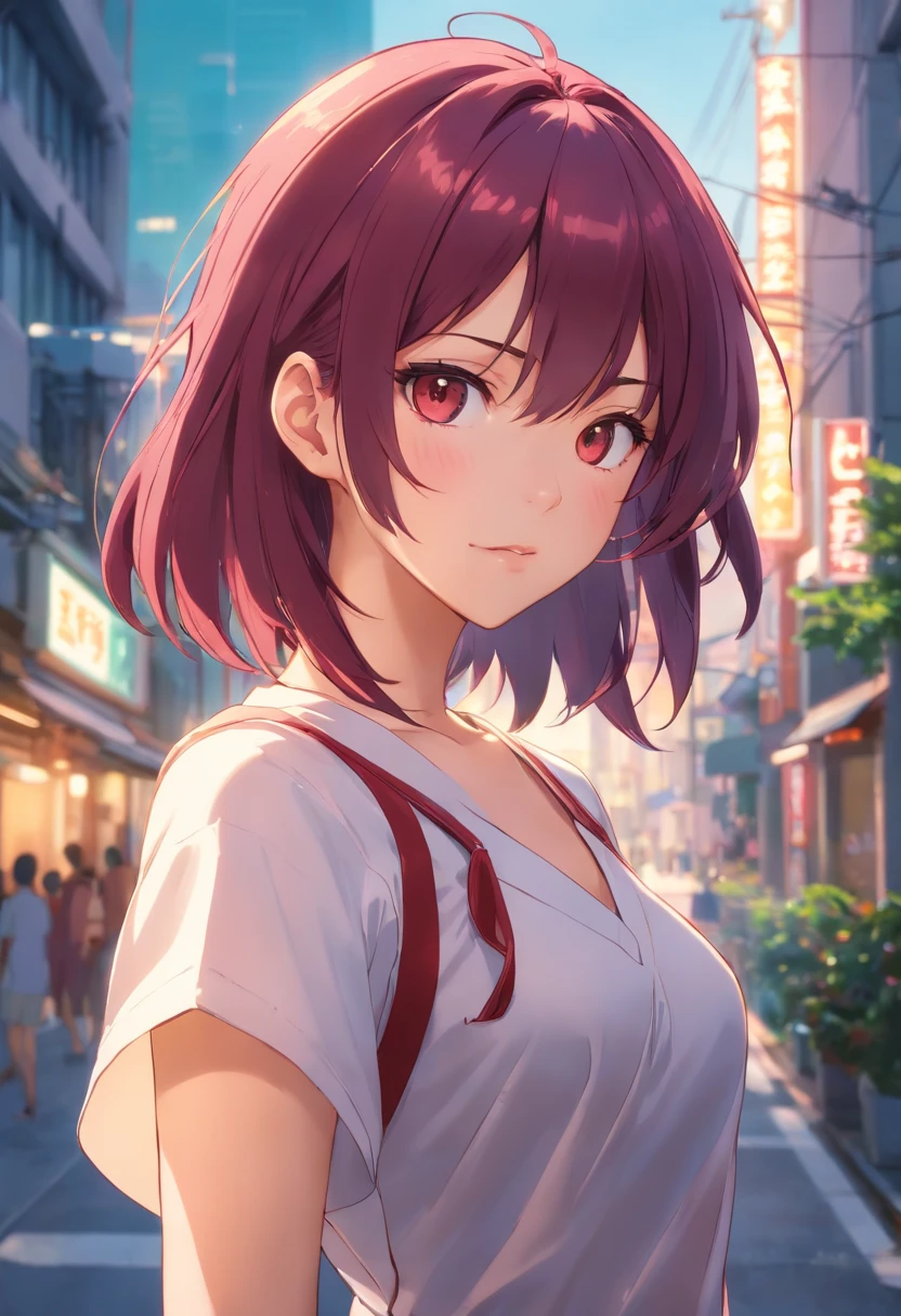 melhor qualidade de imagem, Masterpiece level, ultra-high resolution, realismo, Tema Fantasia, armas, detalhes faciais, a girl, only one, coque de cabelo, tema conto de fadas, parte superior do corpo, Arquitetura chinesa, chama, Get detailed outdoor lighting and movie lighting, Aumente a luz ambiente geral detalhada, Detalhes do rosto e dos olhos, melhorar o realismoo dos detalhes do corpo, clearly express sharp focus, no expression, roupas brancas, burgundy hair, olhos brilhantes, fundo simples.