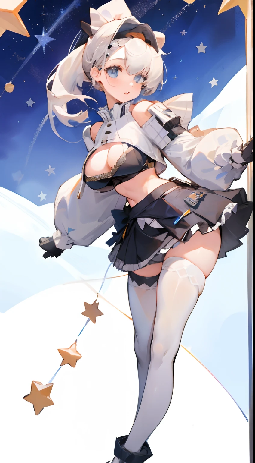 Bigboobs，cropped shoulders，White knee-length stockings，ta skirt，High ponytail，Stand up，Star decoration，