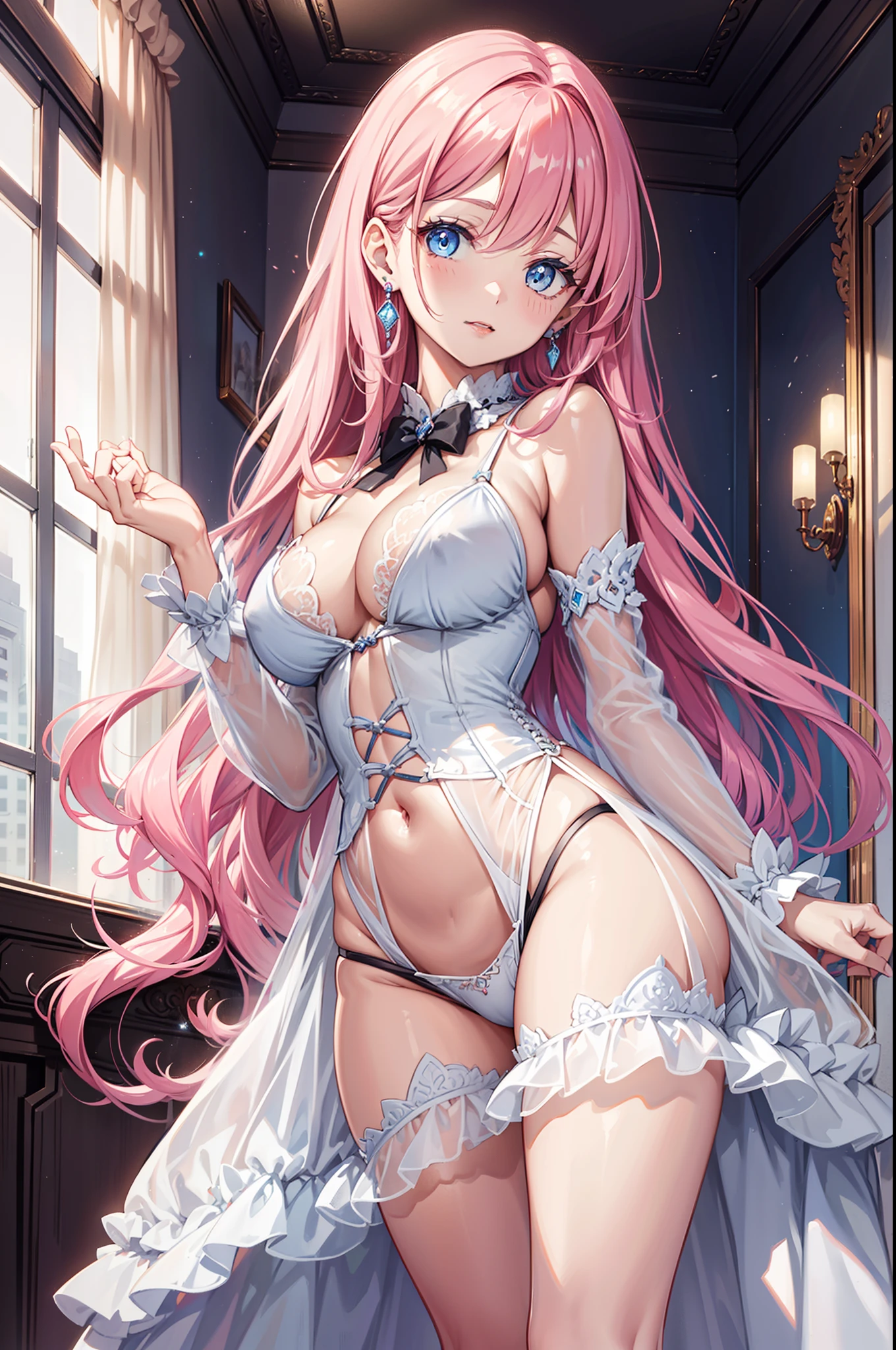 Modern sleek shirt paired with classic princess dress，Ultra-detailed, She has long pink wavy hair，s girl，Light blue eyes，She has earrings,  She has full lips, Breast view, Panty view. back arched. natta，She appeared in the bedroom of a luxury hotel，Slightly seductive pose