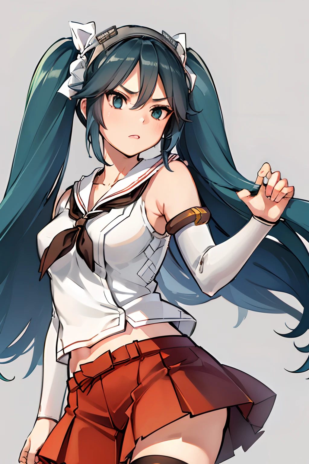 isuzuKC, long hair, skirt, thighhighs, twintails, school uniform, pleated skirt, detached sleeves, serafuku, sailor collar, white thighhighs, neckerchief, red skirt, white sailor collar, brown neckerchief, 1girl, solo, upper body, large breasts, 5 fingers, detailed face, detailed eyes, detailed hair, ((masterpiece, best quality))