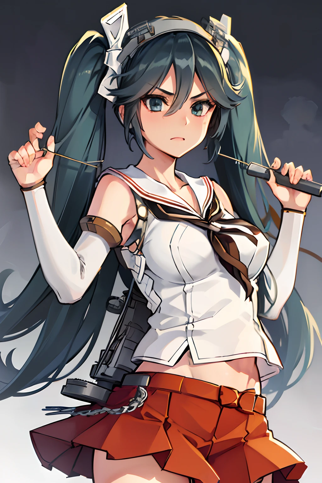 isuzuKC, long hair, skirt, thighhighs, twintails, school uniform, pleated skirt, detached sleeves, serafuku, sailor collar, white thighhighs, neckerchief, red skirt, white sailor collar, brown neckerchief, 1girl, solo, upper body, large breasts, 5 fingers, detailed face, detailed eyes, detailed hair, ((masterpiece, best quality))