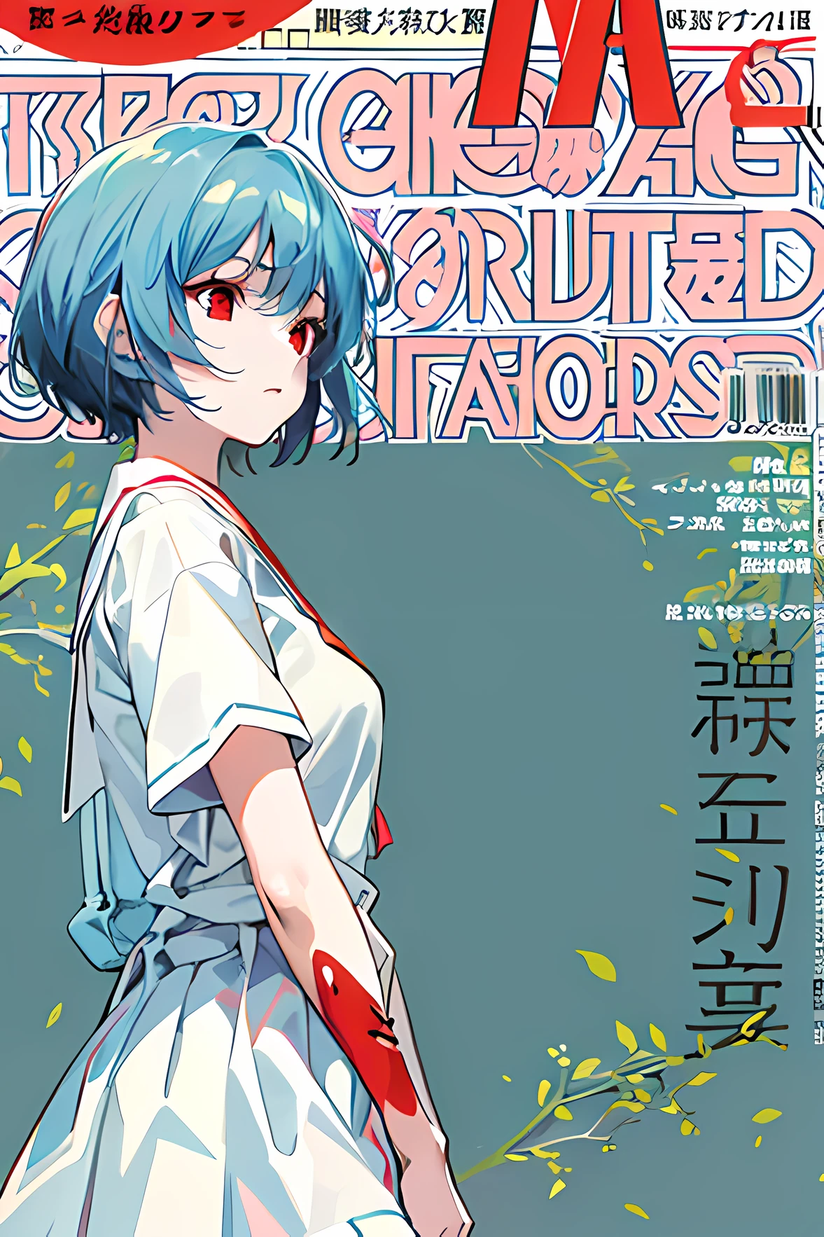 tired face, rei ayanami, blue hair, short hair, (red eyes:1.5), legs not in view, pale skin, red cheeks,looking up at viwer, japanese school uniform with blue dress and tucked-in white shirt, white background, magazine cover