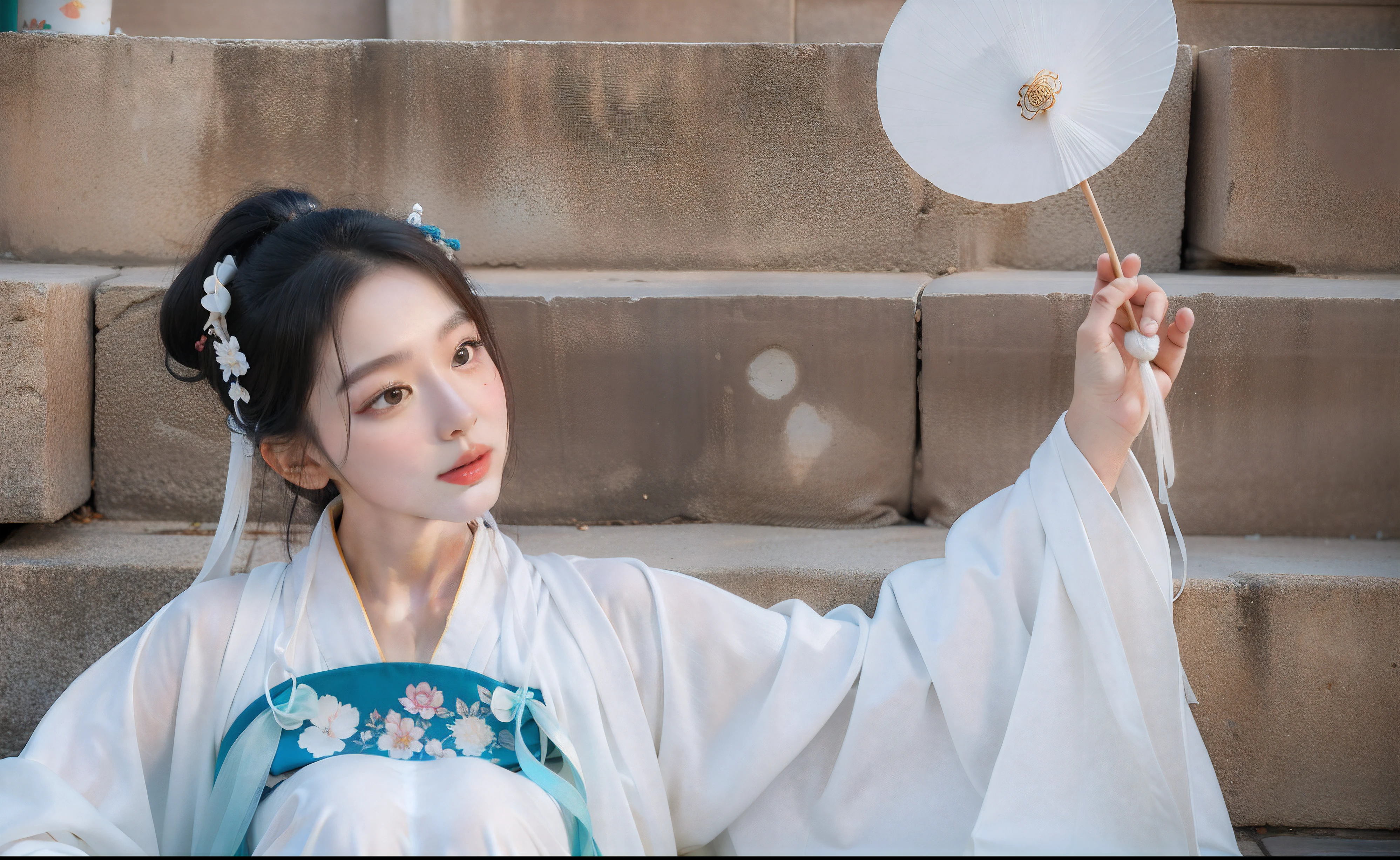 Araki woman in a white dress holds a fan and a white hat, Palace , A girl in Hanfu, Wearing ancient Chinese clothes, White Hanfu, Hanfu, Traditional Chinese clothing, with acient chinese clothes, Chinese traditional, Chinese costume, inspired by Qian Du, Princesa chinesa antiga, Chinese style, Inspired by Qiu Ying,good eyes,sideface,Soft portrait shot 8 K,