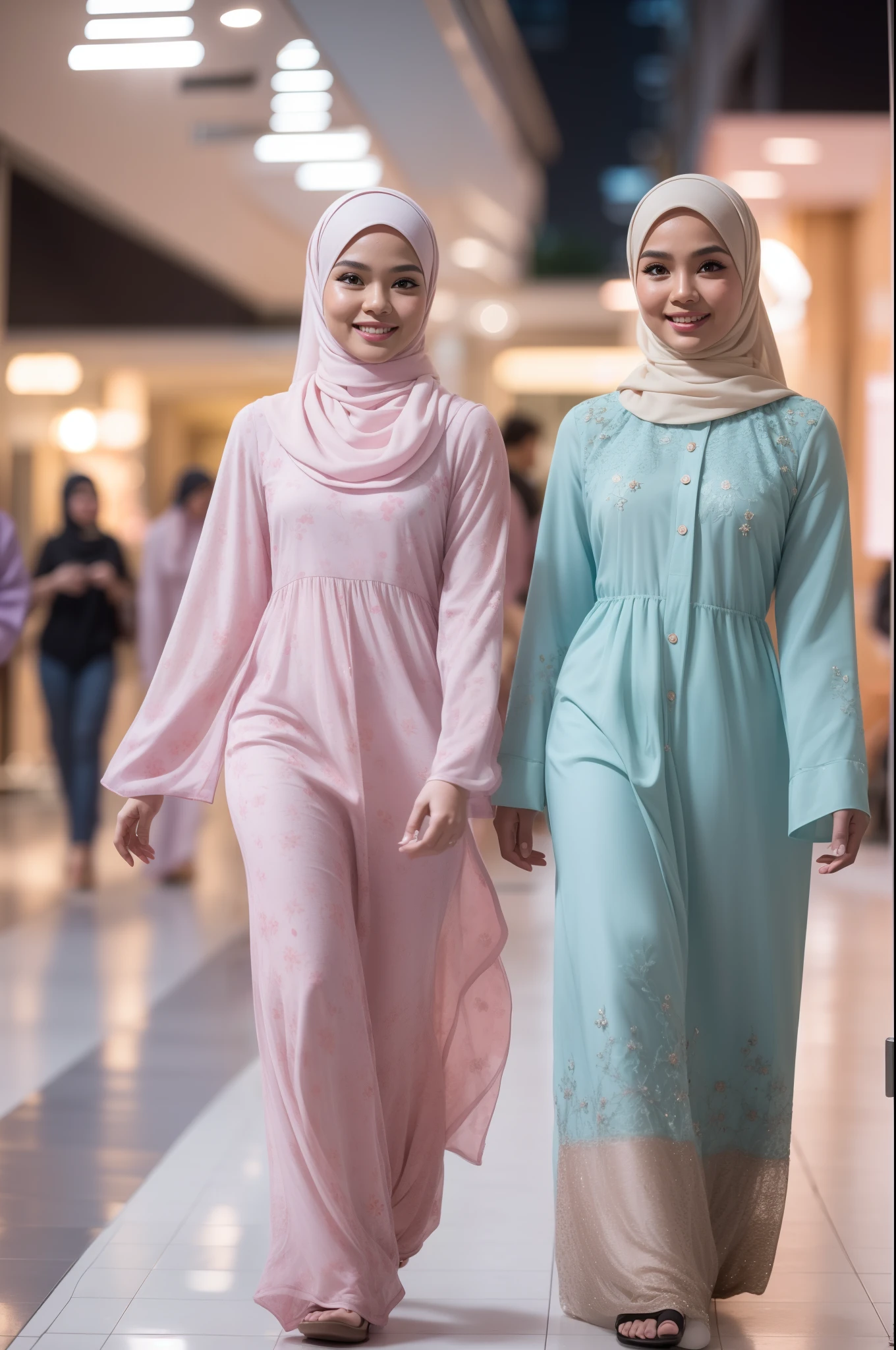 Portrait photography of 3 beautiful young malay girl in hijab wearing pastel color baju kurung walking, catwalk, nighttime, crowded mall background, bright lighting, smile and happy gesture, 8k, high quality, ultra detail, movie shot framing, mid shot photo,