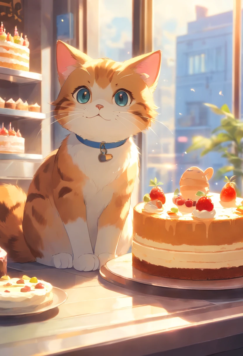A round-eyed cute cat, At the cake shop , Sunlight outside the window.