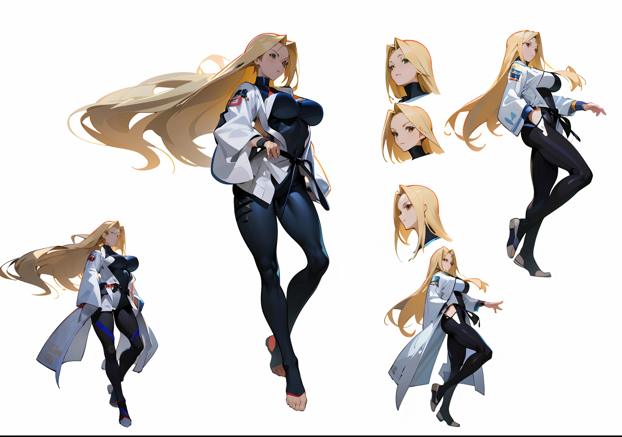 a girl wearing a swinsuit underneath karate robes, blonde hair, very long ponytail, several poses and expressions, ( ( character concept art ) ), character artwork, official character art, anime character design, blonde anime girl with long hair, cushart kenz, guilty gear art direction, character concept reference art, cushart krenz key art feminine, art by Bengus, detailed anime character art