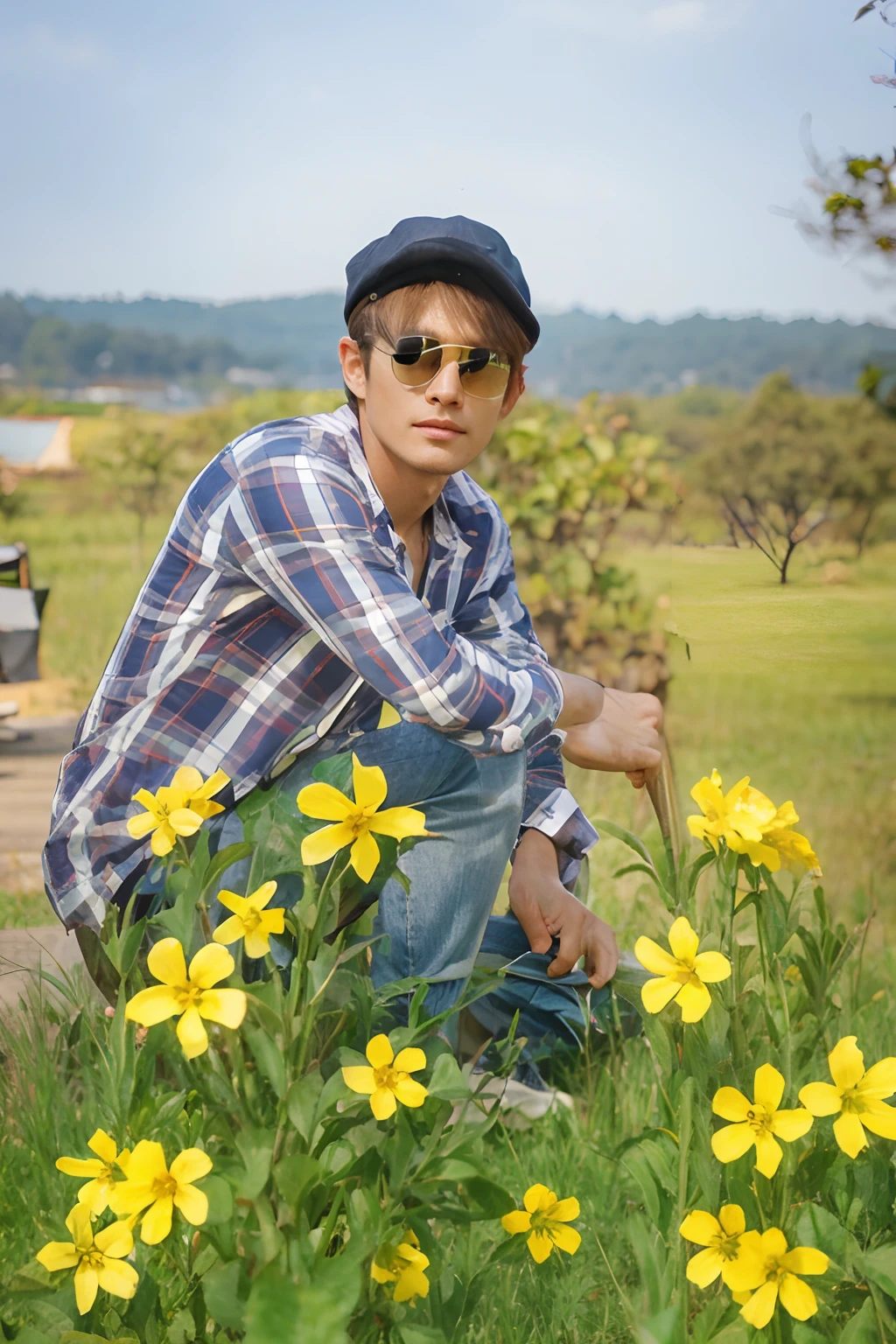 sunglasse with cap. Tree apple.