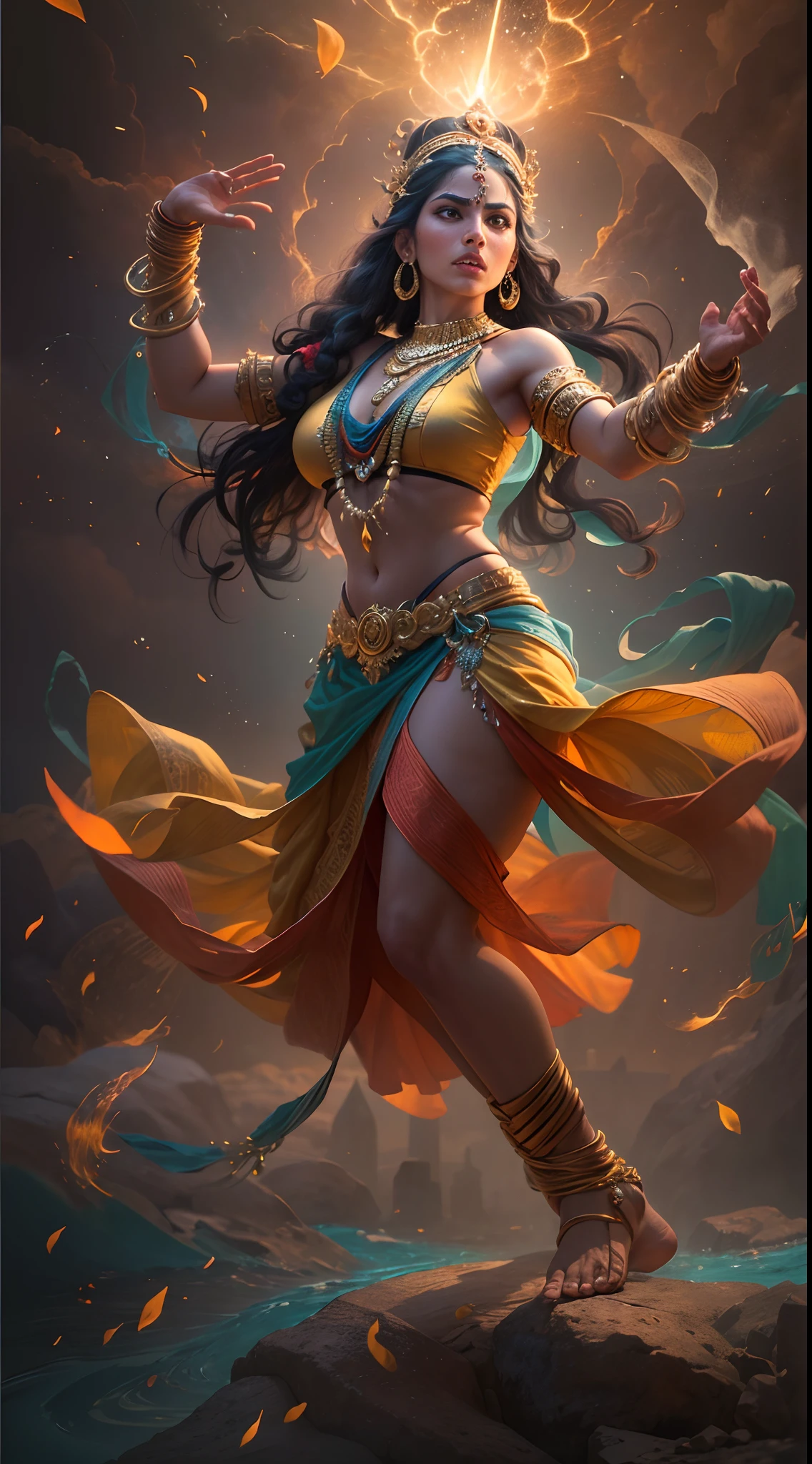 (best quality,4k,8k,highres,masterpiece:1.2),ultra-detailed,(realistic,photorealistic,photo-realistic:1.37),Shiva's Tandava destruction dance,traditional Indian art style,graceful,energetic,expressive,divine,powerful movements,splendid clothing,complex hand gestures,intense facial expressions,breathtaking backdrop,cosmic elements,stunning visual effects,vibrant colors,mesmerizing lighting,dynamic composition,authentic cultural details,mythological symbolism,positive energy,divine intervention,spiritual connection