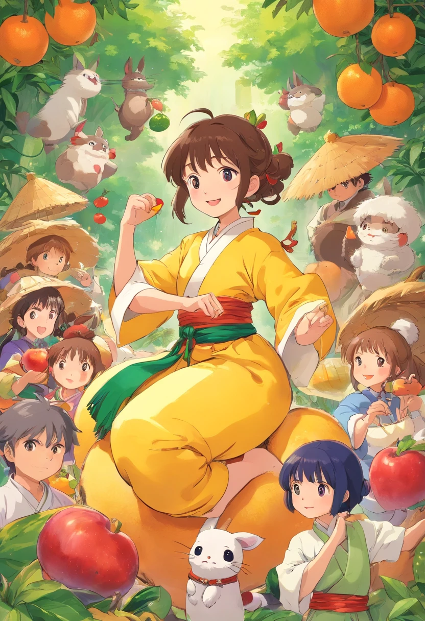 Men and women wear Zhuang costumes（Men and women sit in a circle，Everyone has fruit in their hands，Looks lively）