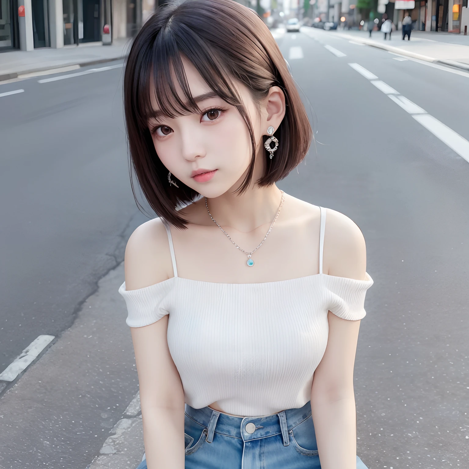 Cute model-class beauty Japan or Korean professionally lit cinematic Eyes are double Crystal clear white skin Well-formed face Smooth hair bob Cute accessories Cute Necklace Cute earrings One Shoulder Top denim skirt Fashionable café in the city Onegirl