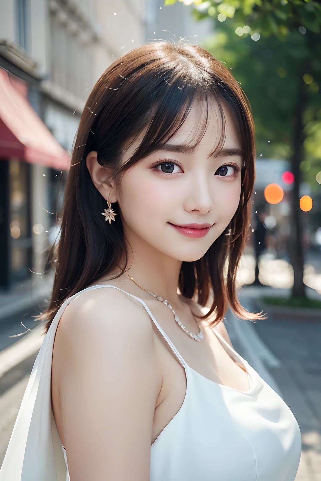 (top-quality、8K、32K、masterpiece、nffsw:1.2)、Random posture、(extremely delicate and beautiful work)、(masterpiece)、One girl、large full breasts、Highly Detailed Elegant Wedding Dresses、tiarra、veils、A highly detailed、A charming expression、Beautiful and clear eyes、Green pupil、delicate necklaces、Delicate earrings、Simple blurry background、chies、Description of extreme details、Beautiful fece、A charming、Ultra-fine painting、delicated face、Delicate figure、thin clavicle、Beautiful lips、Soft back view、mix4、(8K、Raw photography、top-quality、masterpiece:1.2), (reallistic, Photorealsitic:1.37),1girl in,Cute,Cityscape, natta, Sateen, Wetty, Professional Lighting, Photon mapping, Radio City, physically-based renderingt, The whole body is shown、(A smile:1.1)