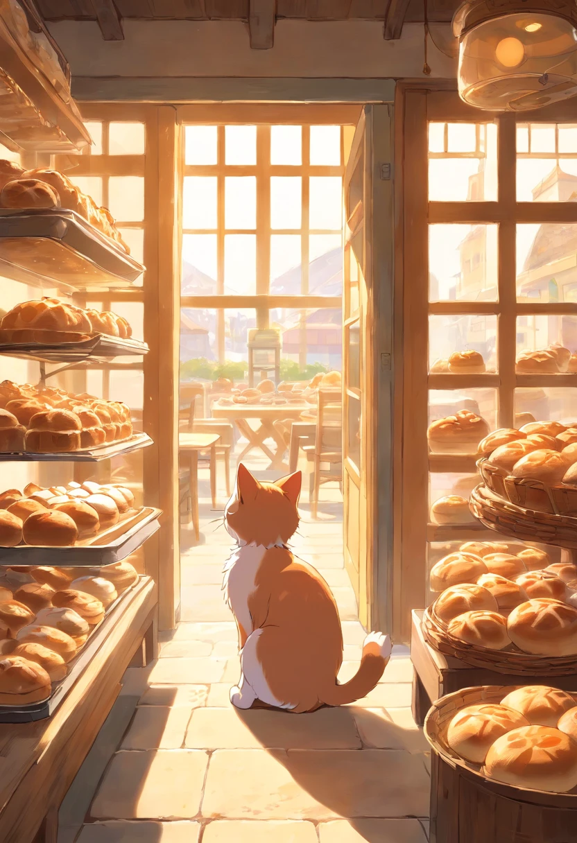 A round-eyed cute cat, At the bakery , Sunlight outside the window.