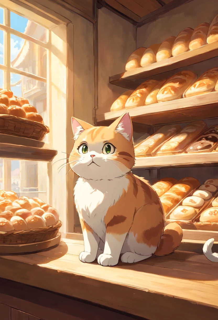 A round-eyed cute cat, At the bakery , Sunlight outside the window.