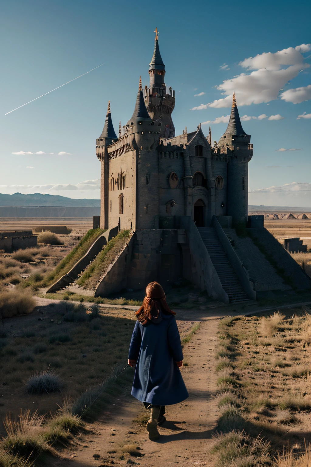 Masterpiece, Illustration, ((A huge military fortress of Babel, made of carved stone, standing in a remote desert land)), (Babel Tower), Pale blue sky, sunlights, tooth, shadowy, Stones and dark grass, Uninhabitable, Barren Land, Nature, (mountains), unsaturated, (A little girl in a dark blue coat is walking towards a castle standing in the distance), Medium-length redheads, Moscow, soviet union, (A dark dragon with shining red eyes is flying in the sky above the fortress)