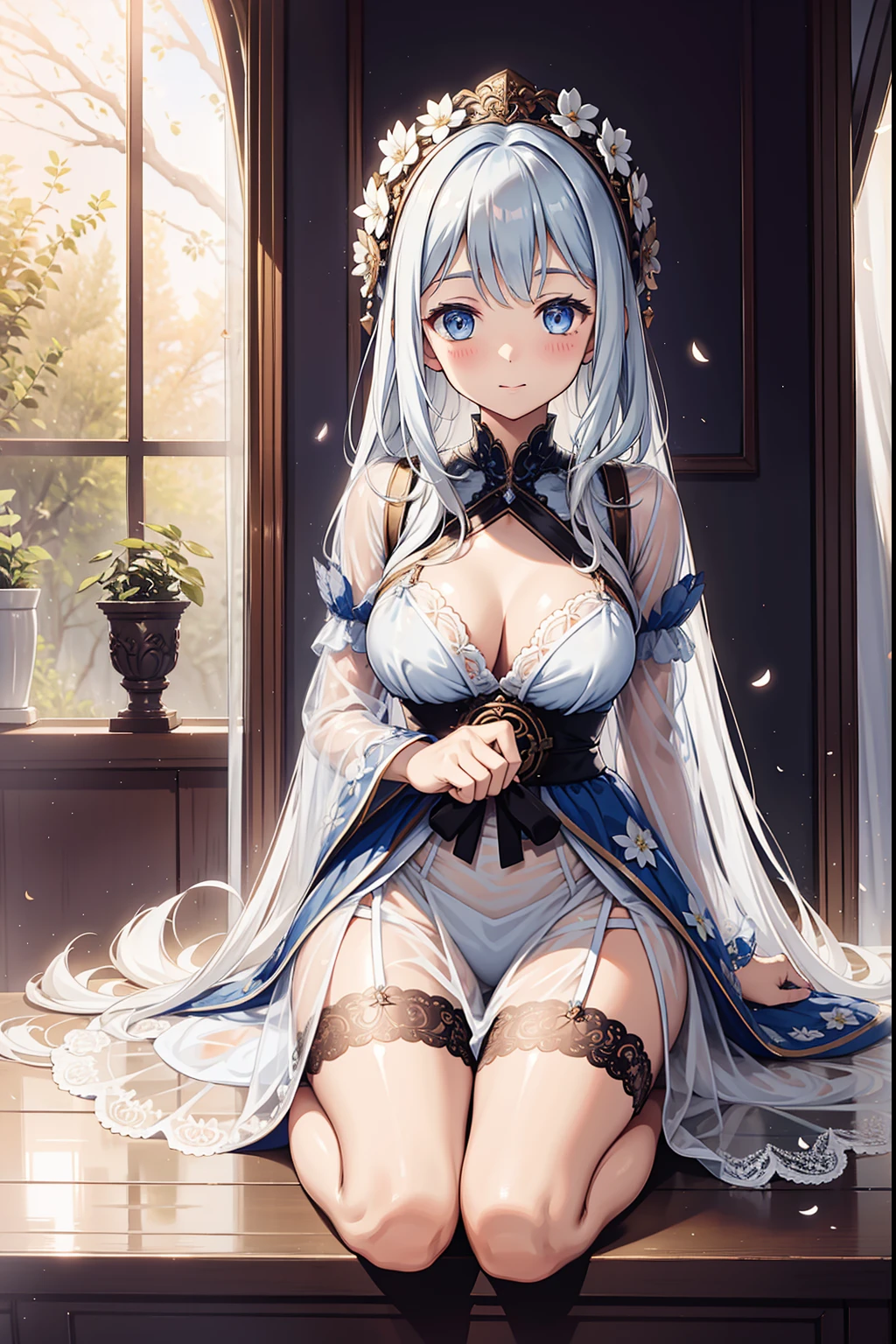 solo person,the night,inside in room,An expectant expression,adolable,Loli Girl,See-through Pajamas,see-through sleeves,Enchanted,Petal edges,Light colors,downy,Divine decoration,Sacred motifs,Lace,Ruffles,extremely detailed CG 8k wallpaper,best qualtiy,tmasterpiece,A high resolution,Delicate and beautiful face,intricate detailed clothes